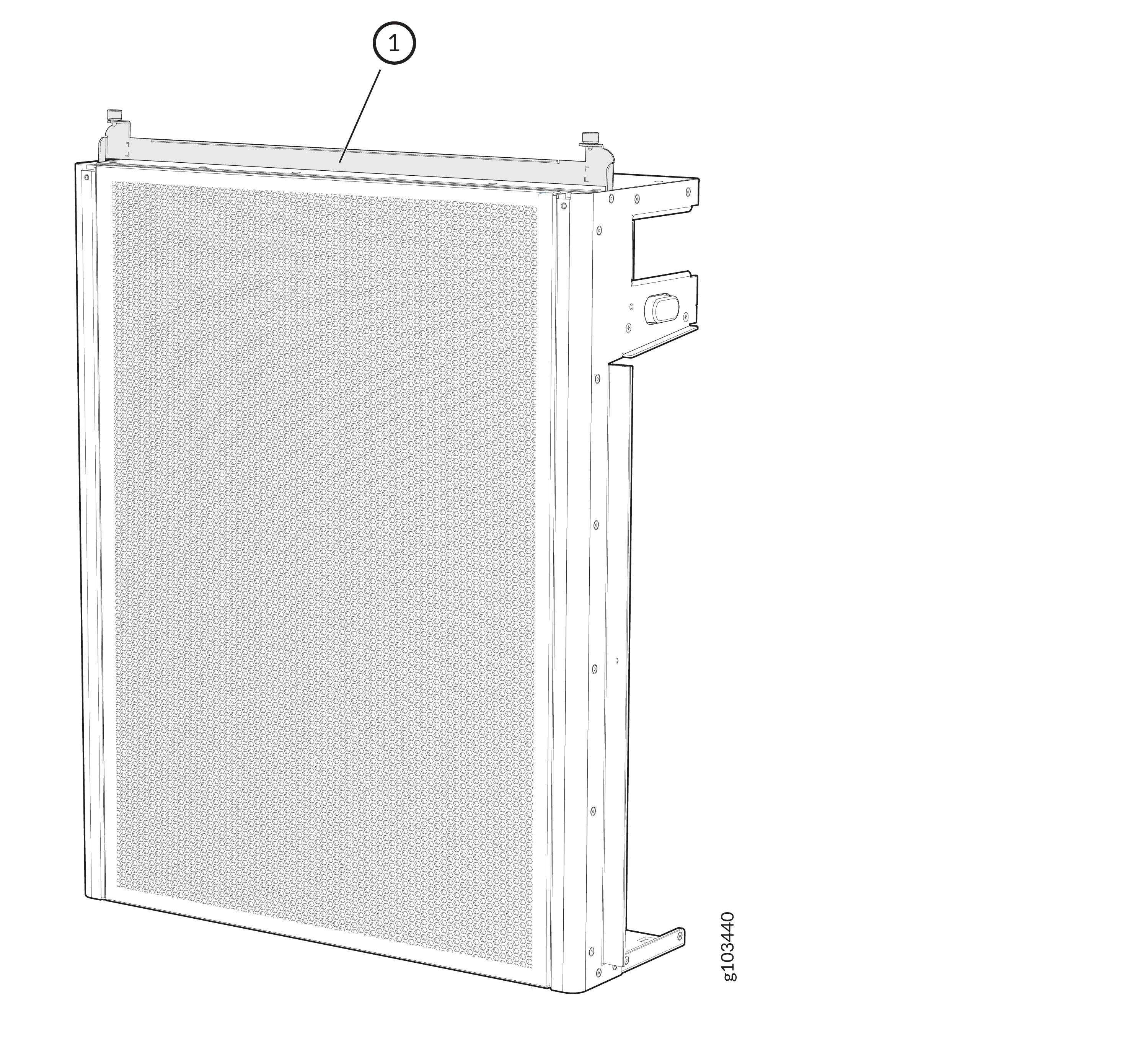 Technical drawing of a radiator with labeled part 1 indicating the top tank or mounting bracket.