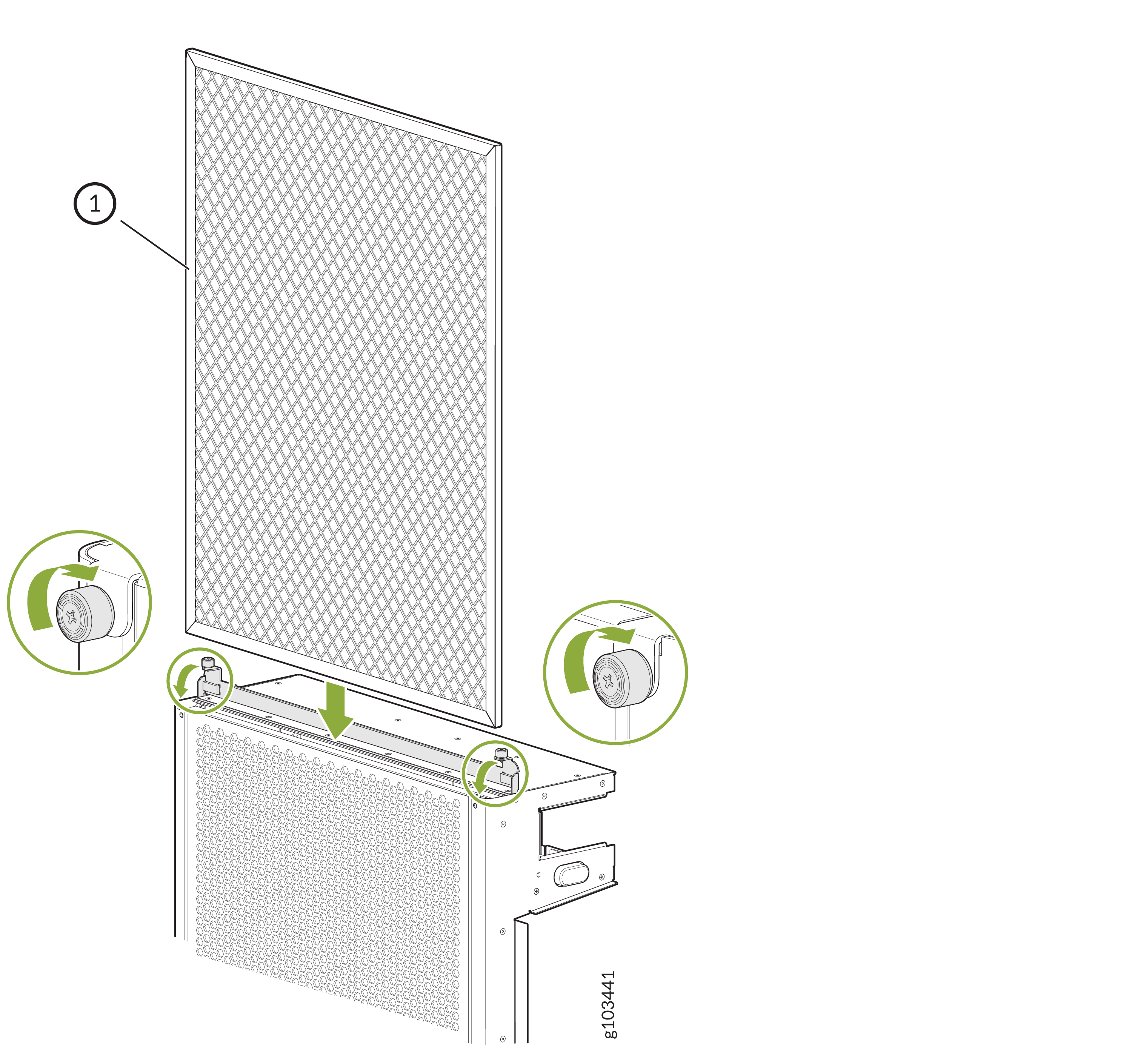 Filter panel installation or removal process with numbered panel and close-up insets showing latch mechanism. Green arrows indicate movement direction.