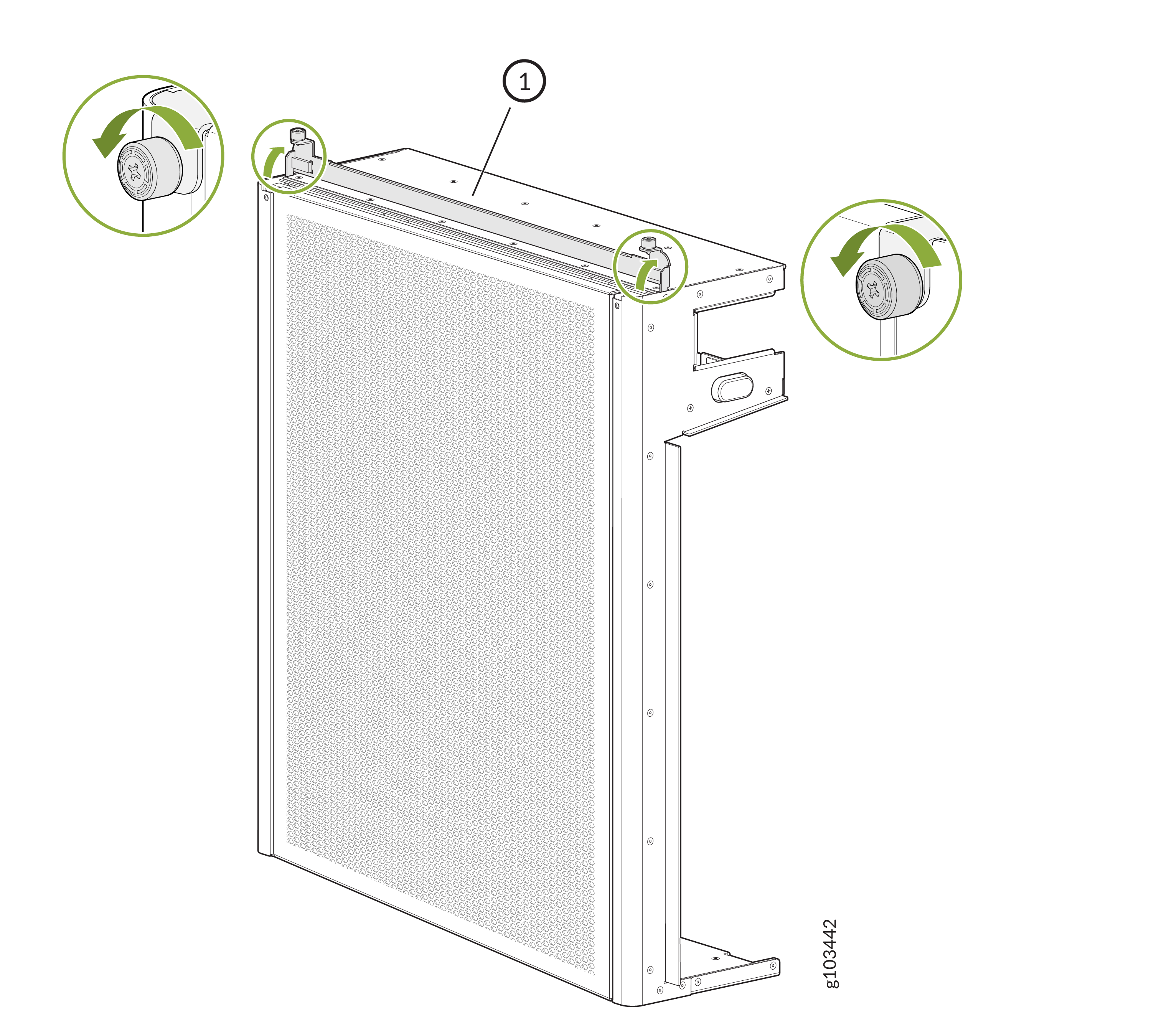 Panel with locking mechanism showing close-up insets of components and operation to secure or release the panel.