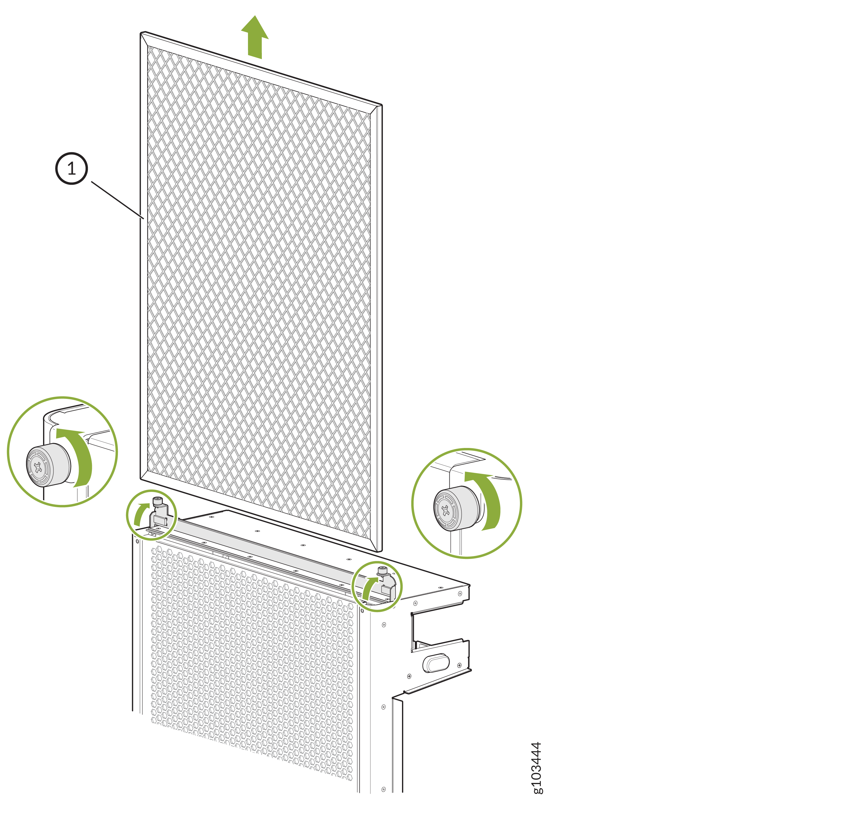 Remove or install mesh filter by adjusting knobs or screws and lifting filter upward as indicated by green arrows.