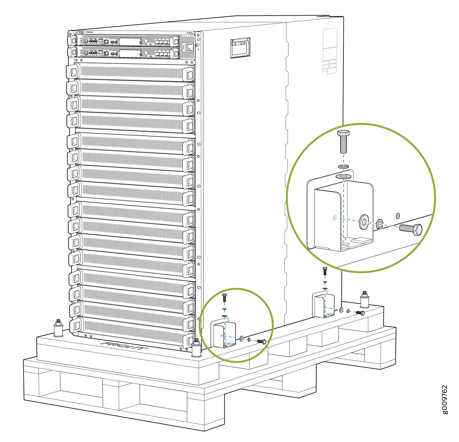 Technical illustration of a server rack on a pallet with close-ups of assembly details, showing brackets and hardware for stabilization.