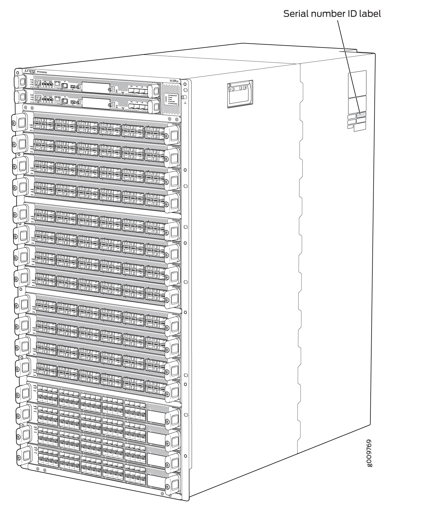 Juniper Networks PTX10008 router illustration highlighting the serial number ID label location for identification.