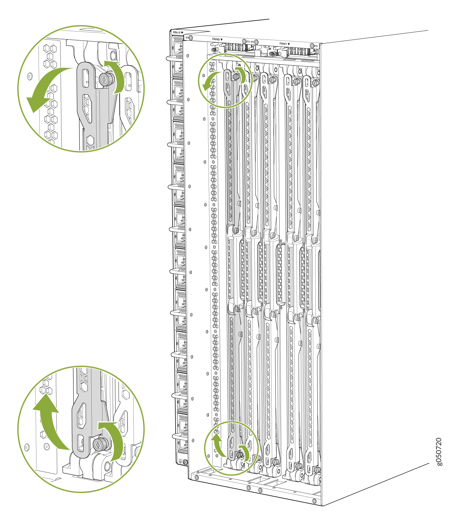 Technical illustration of a server rack with slots for server blades. Green arrows indicate locking mechanism for component installation.