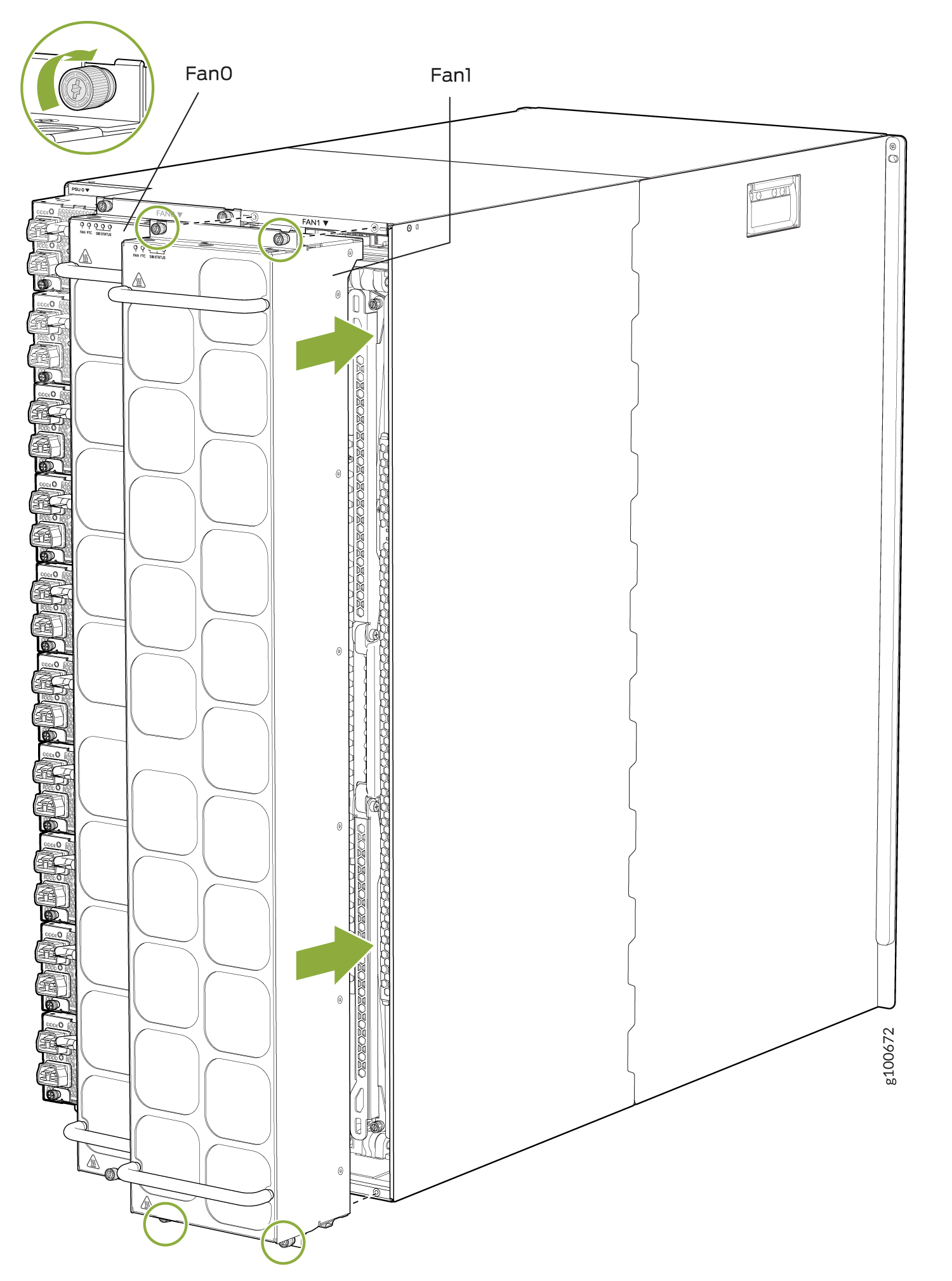 Front view of server enclosure highlighting Fan0 and Fan1 locations with arrows showing airflow direction. Close-up of fan design and installation.