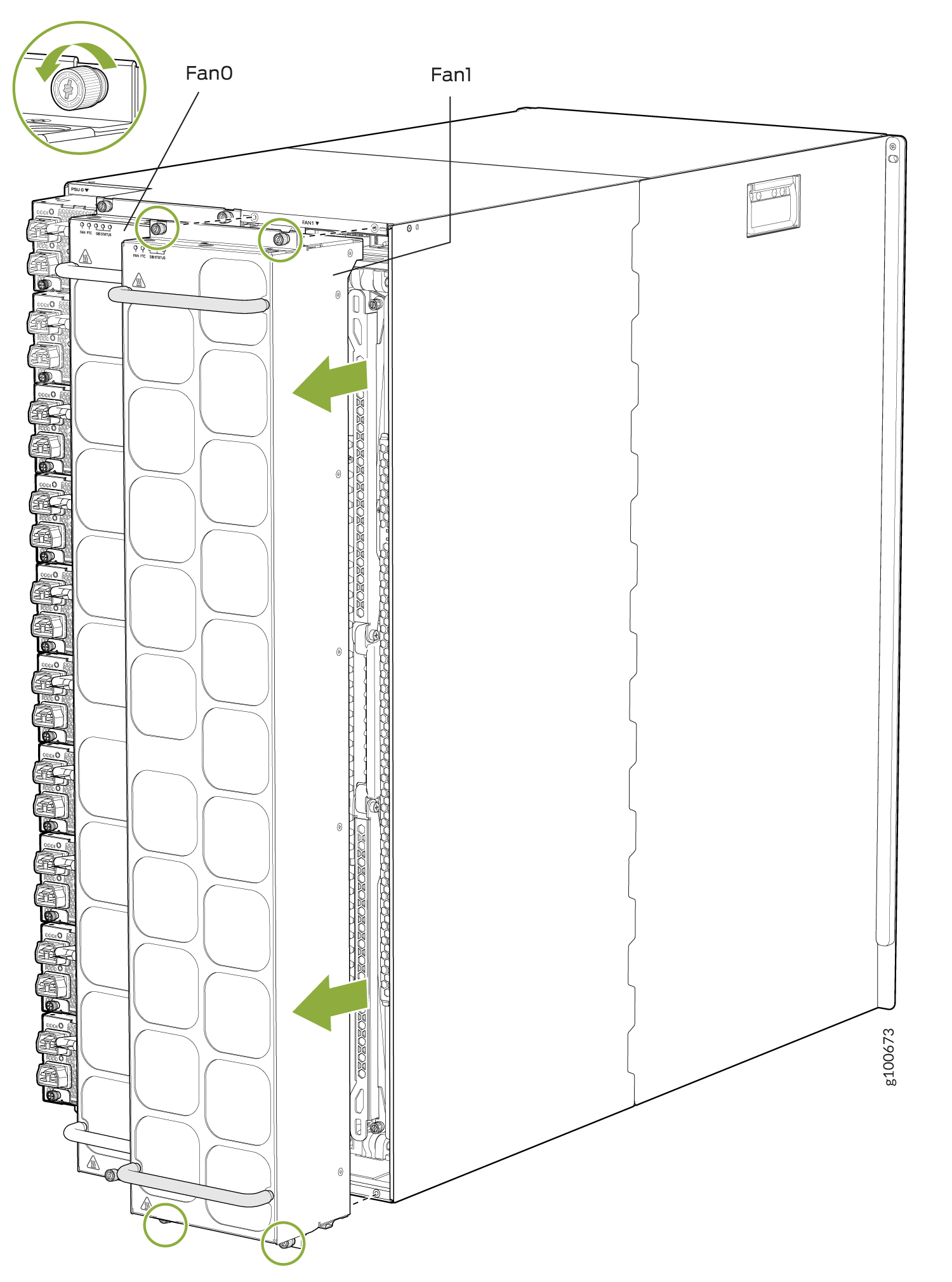 Front view of server chassis highlighting fan modules labeled Fan0 and Fan1 with arrows indicating removal. Inset shows close-up of locking mechanism.