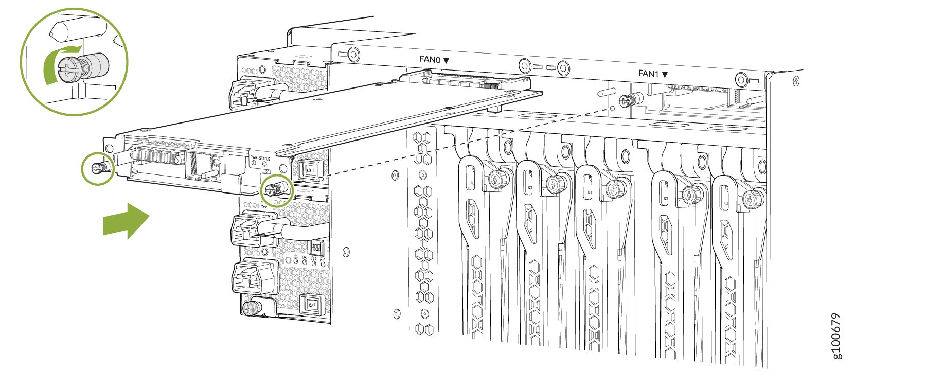 Removing or installing a module in a server chassis; green circles highlight screw/latch points, arrow shows direction.