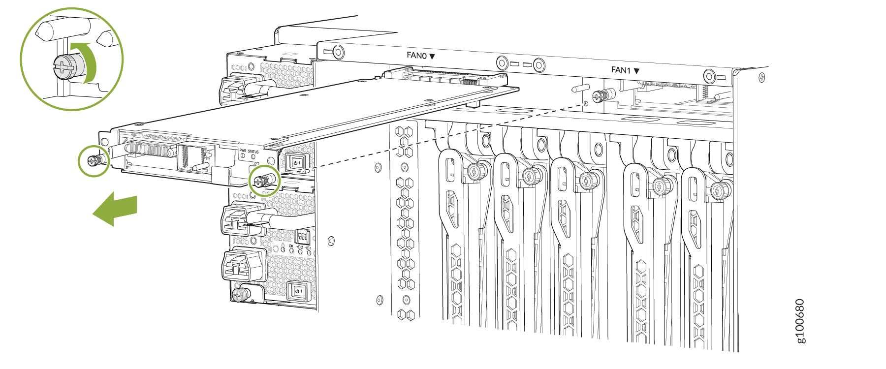 Illustration of removing or installing a power supply unit from a server chassis, showing thumb screws and direction arrow.