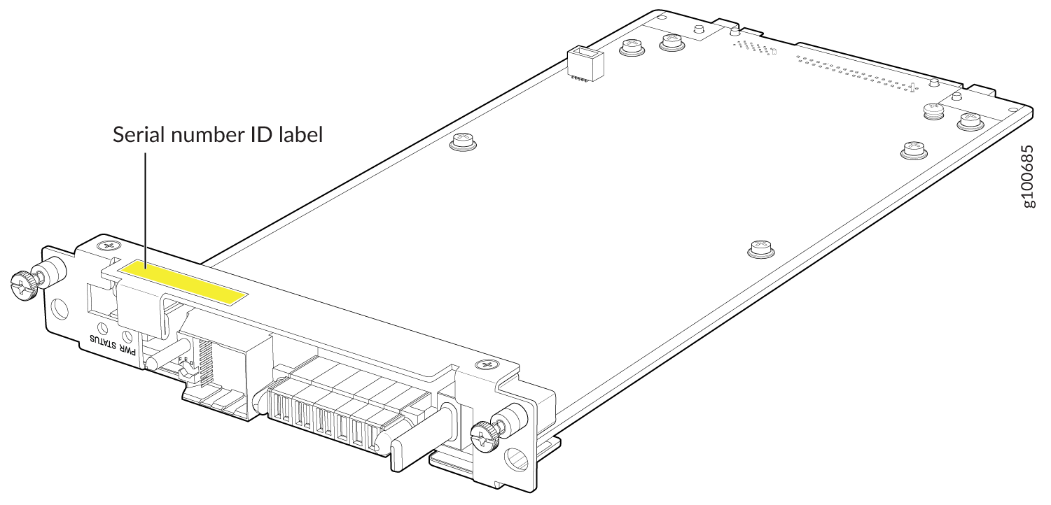 Technical illustration of a server or network module with connectors, screws, and a highlighted Serial number ID label area in yellow.