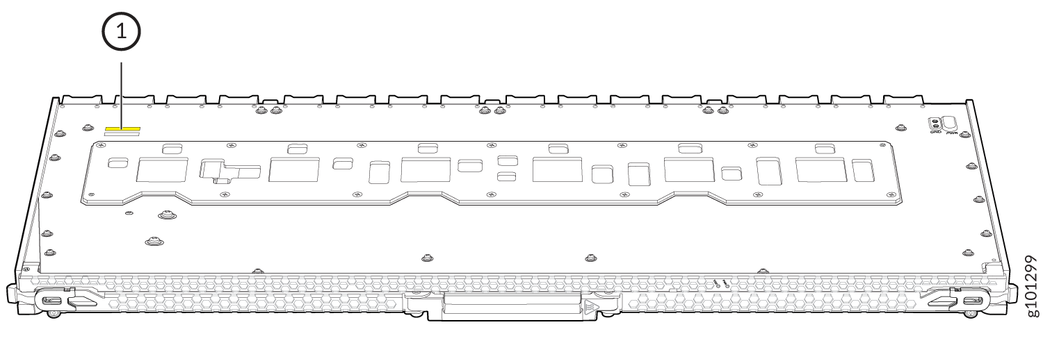 Technical illustration of a network switch with a labeled grounding marker and honeycomb front for cooling in a rack-mounted system.