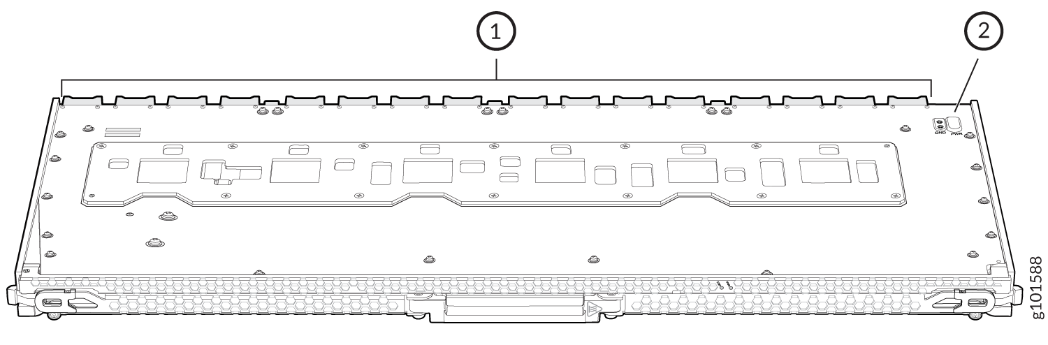 Technical diagram of a network switch with labeled parts: top cover for maintenance access and ground and power button for safe operation. Front honeycomb pattern for cooling.