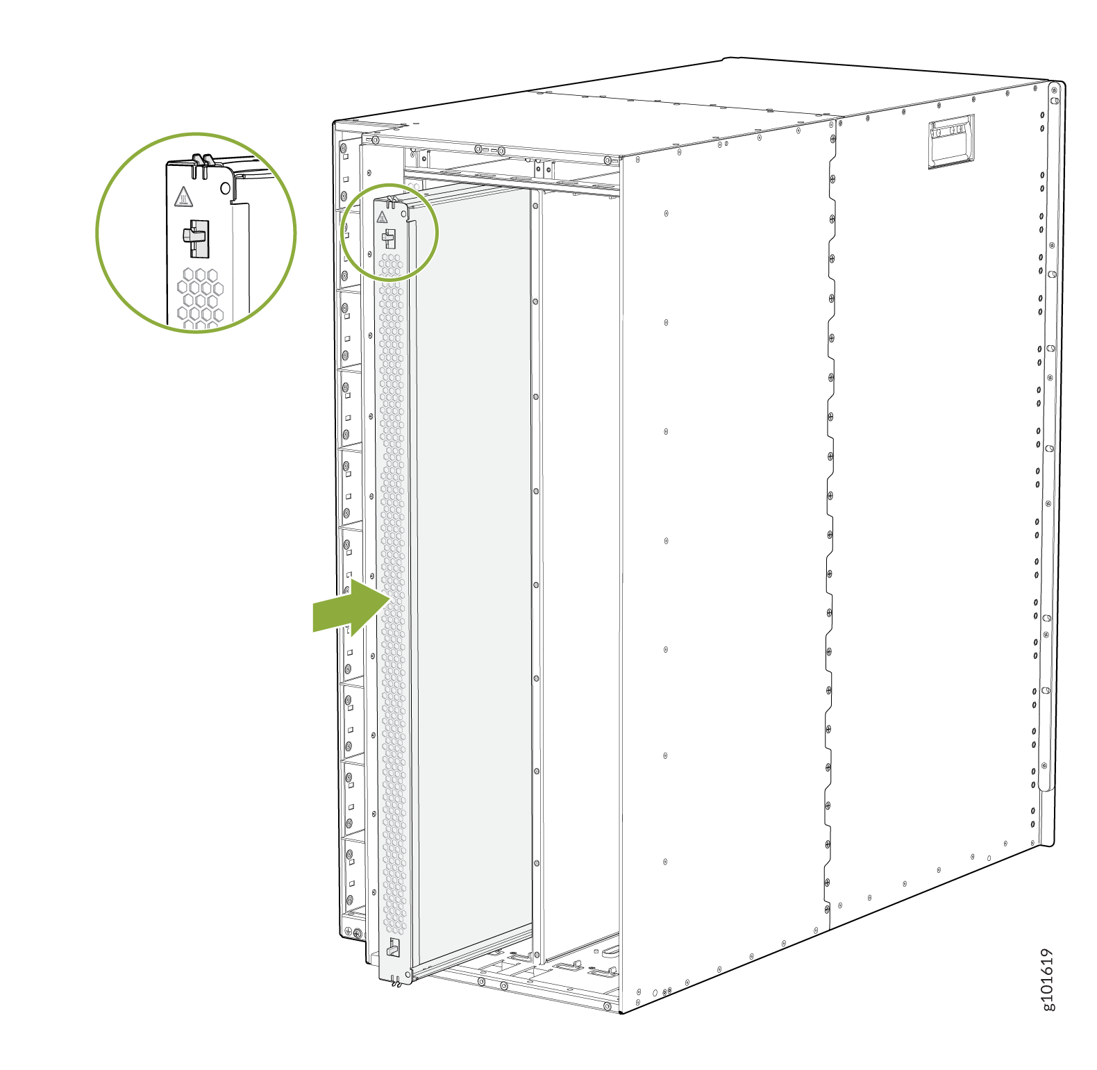 Server rack illustration highlighting a mounting or locking mechanism with a close-up of a latch system and green arrow indicating its location.