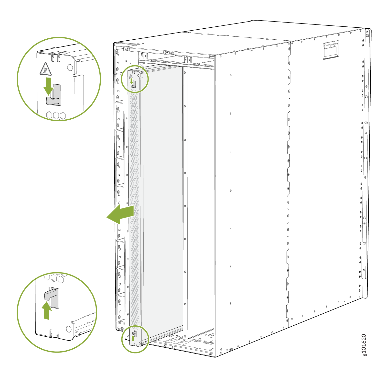 Technical illustration of a server rack focusing on the latch system with arrows showing latch engagement directions.
