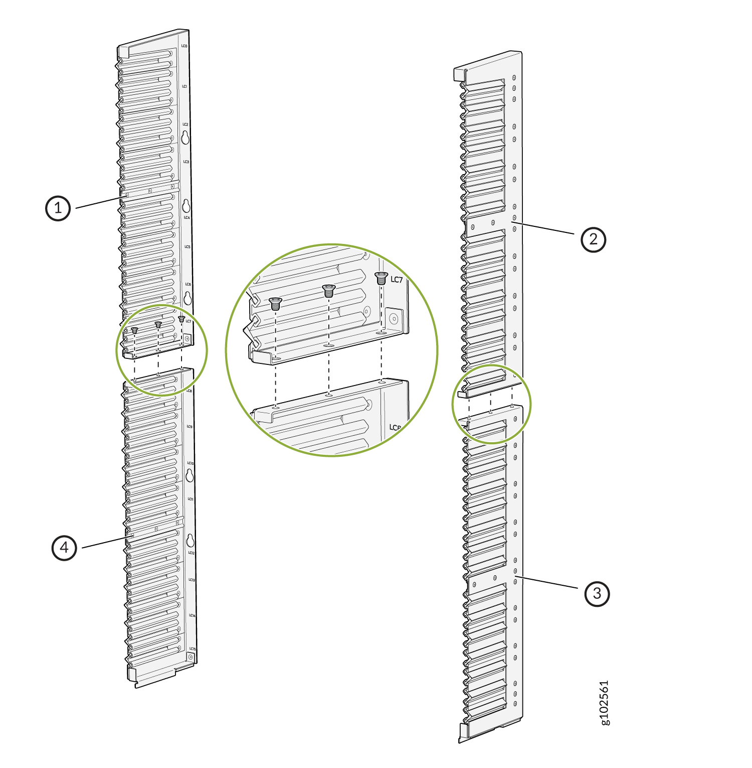 Assembly diagram for a vertical rack system with four labeled components showing slots and grooves. Includes screw attachment details.