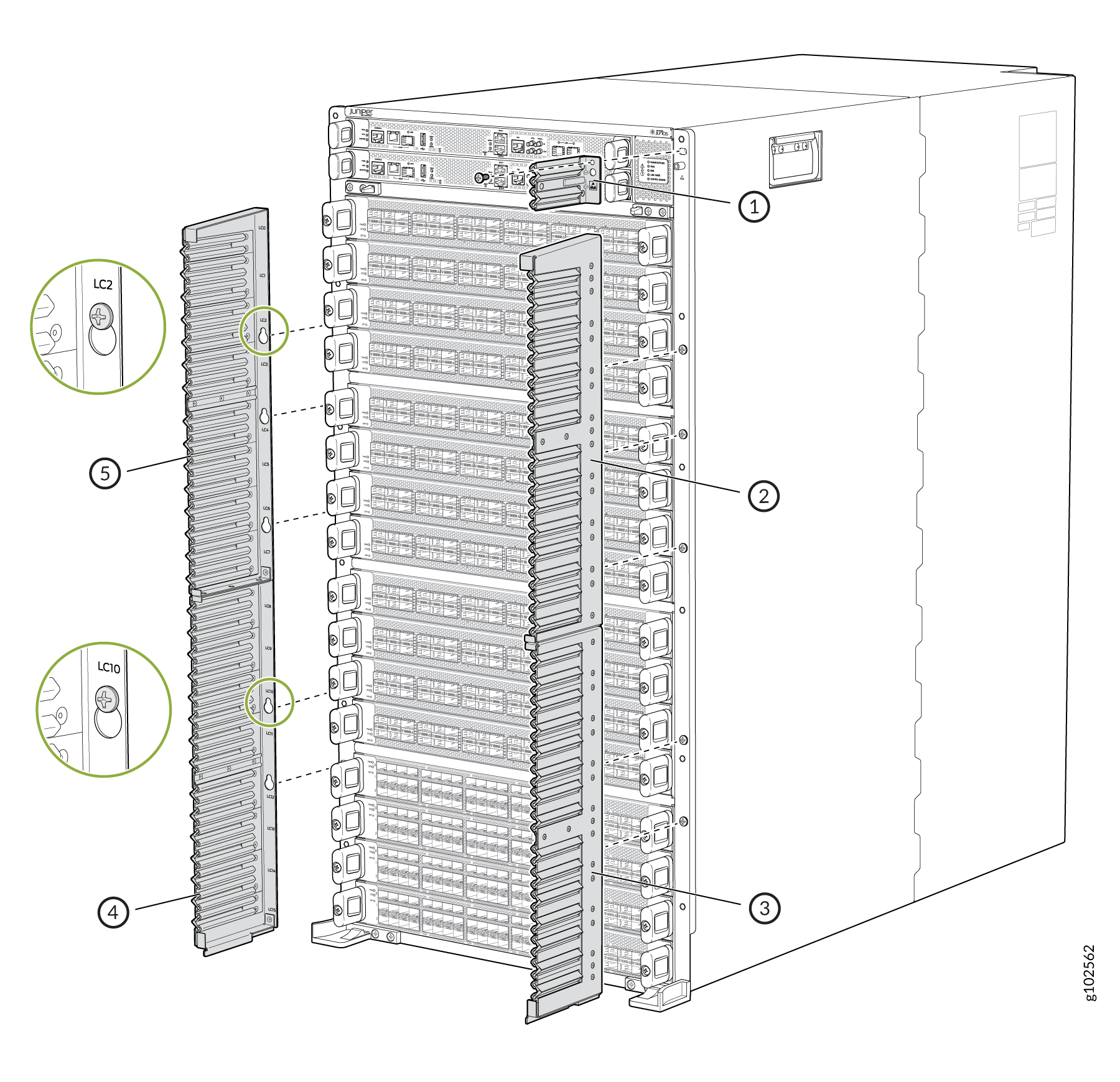 Technical diagram of a server rack with modular components labeled. Top section includes control modules. Middle section has server blades. Side panels and locking mechanisms labeled LC2 and LC10.