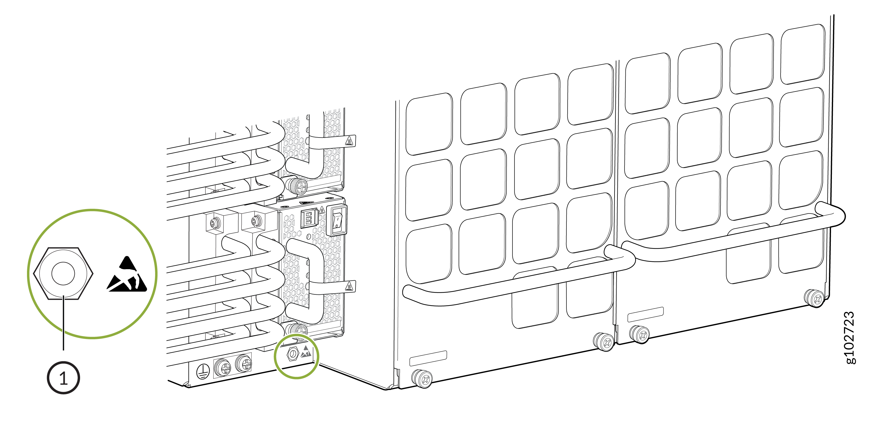 Back view of refrigerator highlighting condenser coils, electrical connections, and compressor. Close-up of hexagonal nut with warning symbol indicating caution during maintenance.