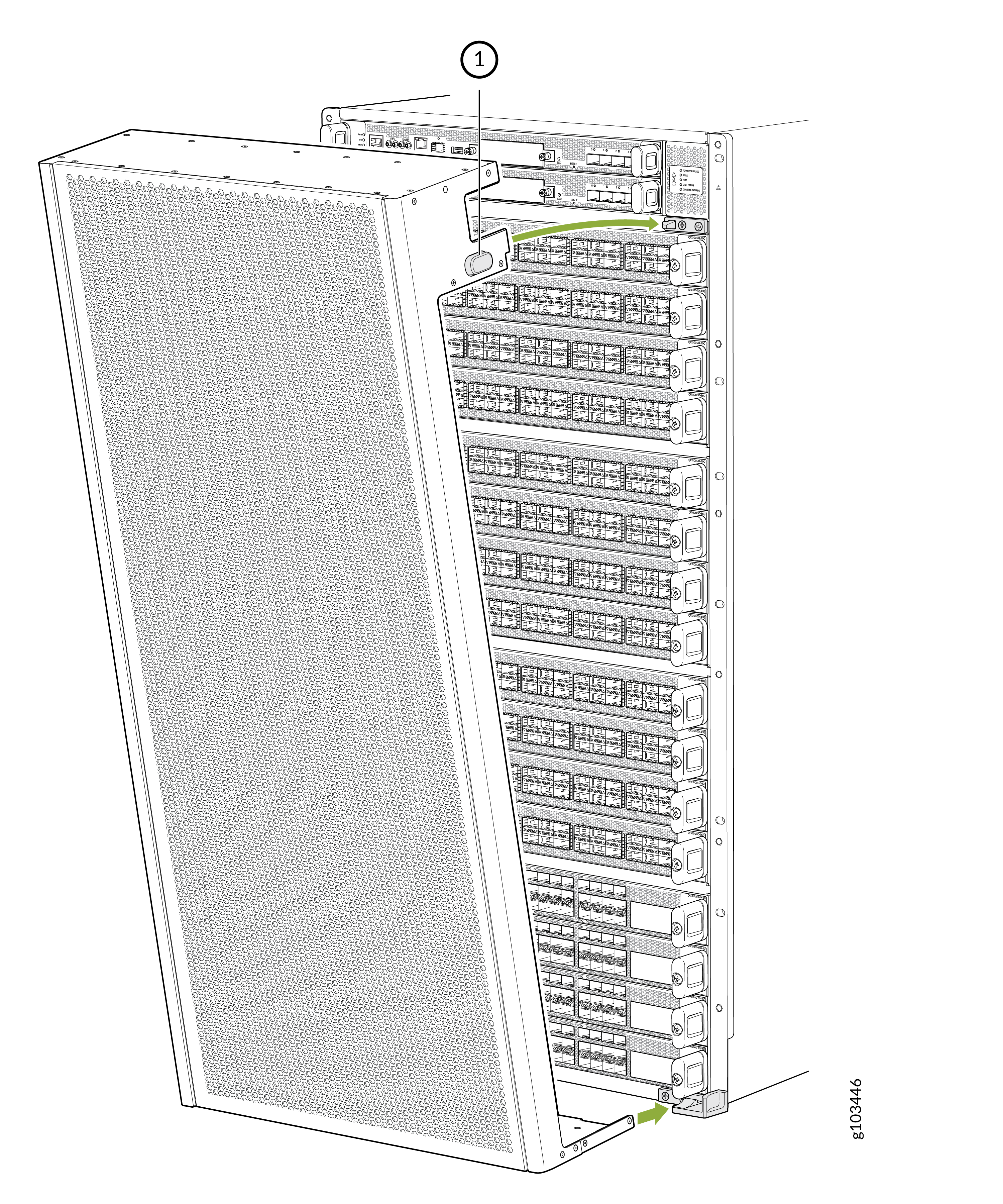 Technical illustration of a server rack with stacked server modules, front panel partially removed, numbered label 1 and arrows indicating parts or actions for maintenance or installation.