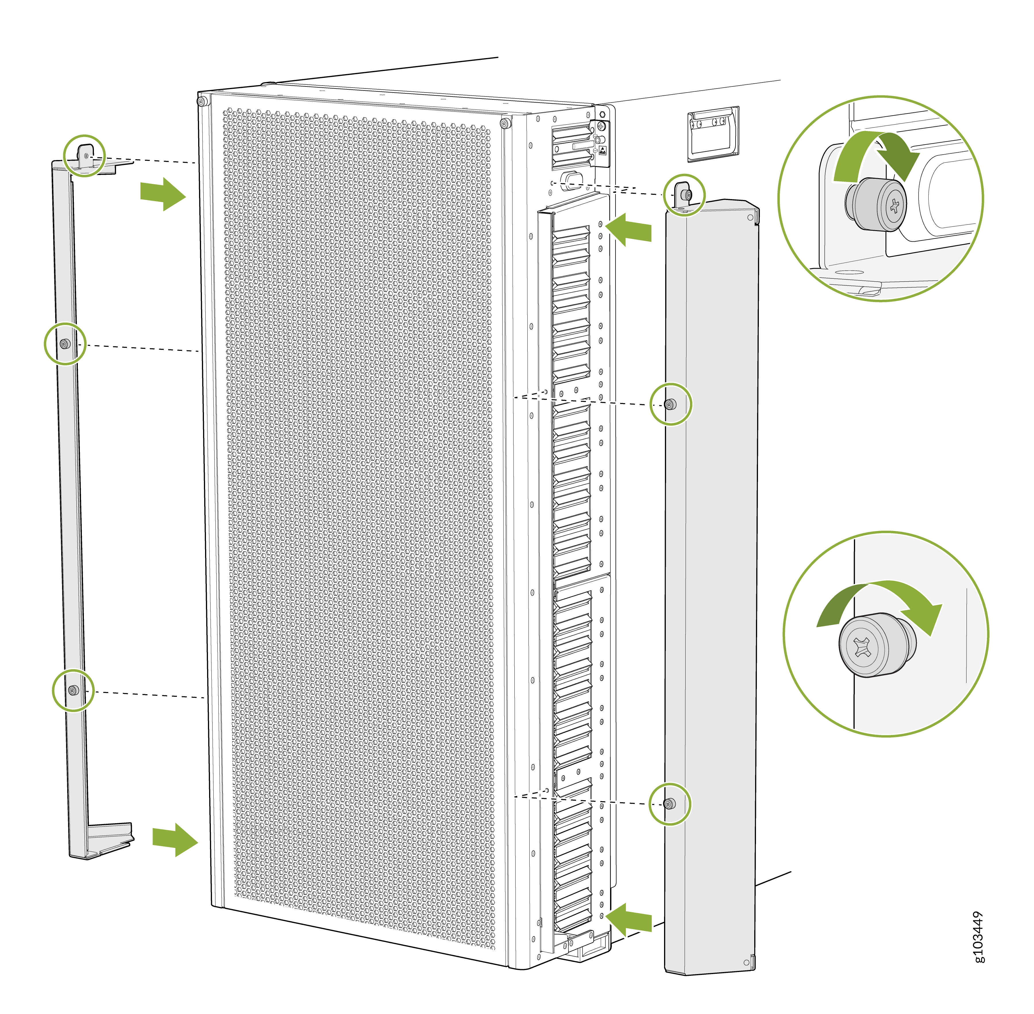 Instructional diagram showing steps to attach or remove server rack side panels and components, with arrows and zoomed-in sections highlighting screw adjustments.