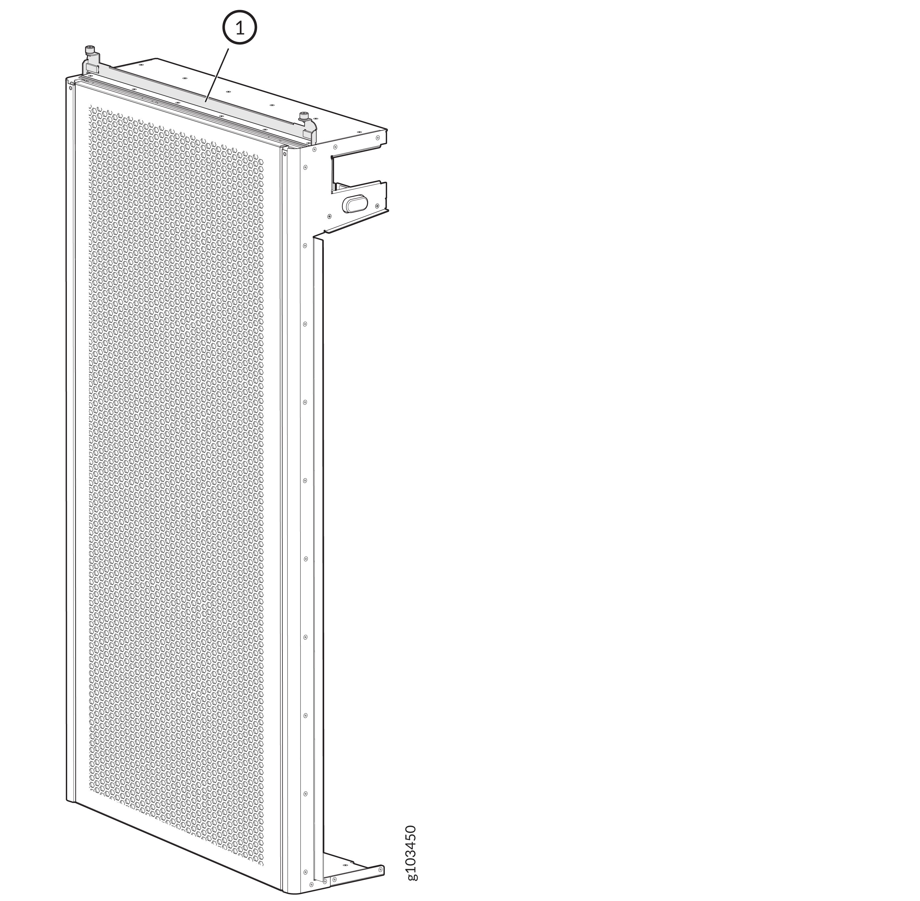 Radiator diagram with perforated panel for airflow, mounting brackets, and part labeled 1 for reference.