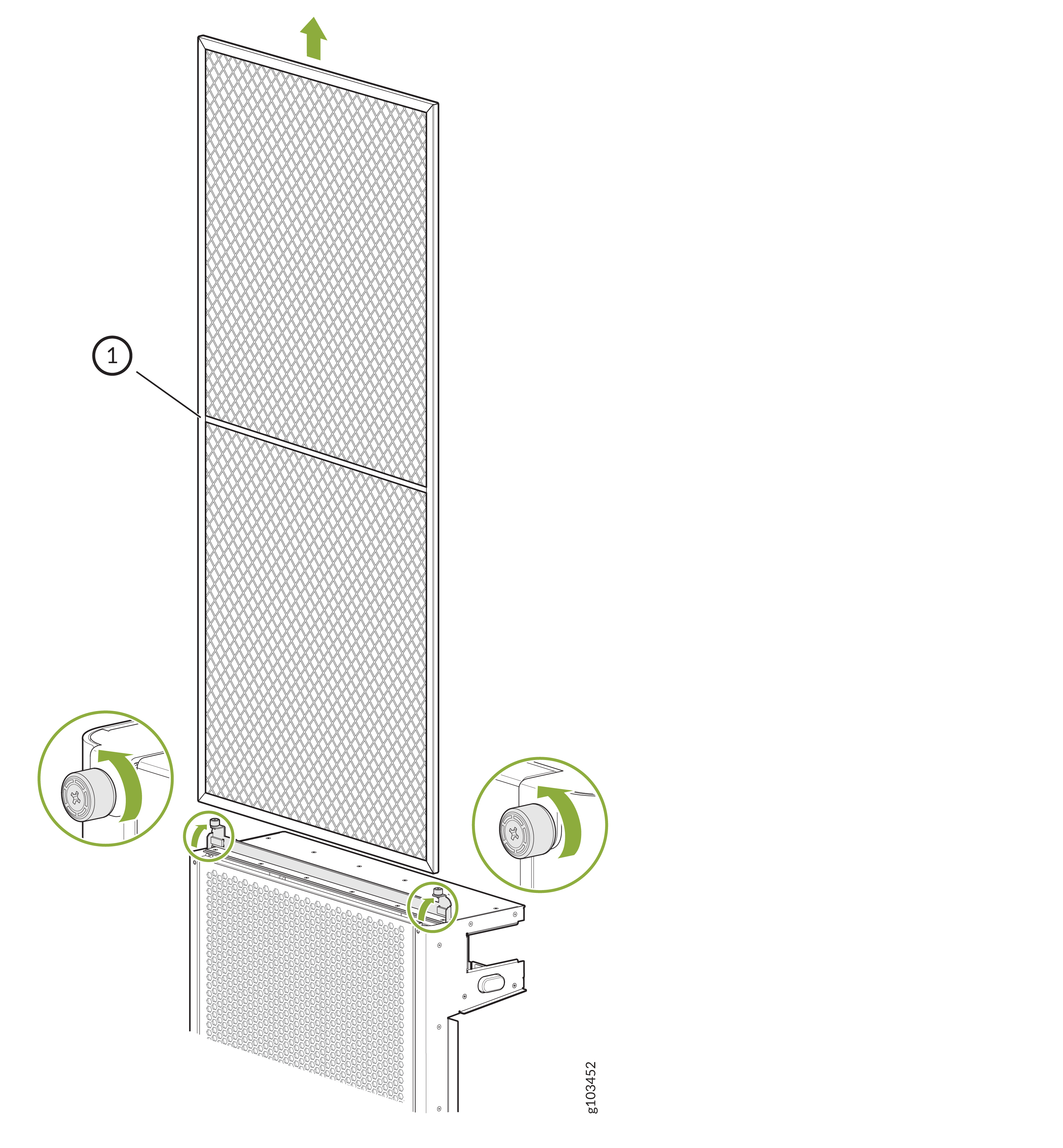 Mesh panel labeled 1 being lifted upward with a green arrow, green circles highlighting fasteners for securing or unlocking the panel.