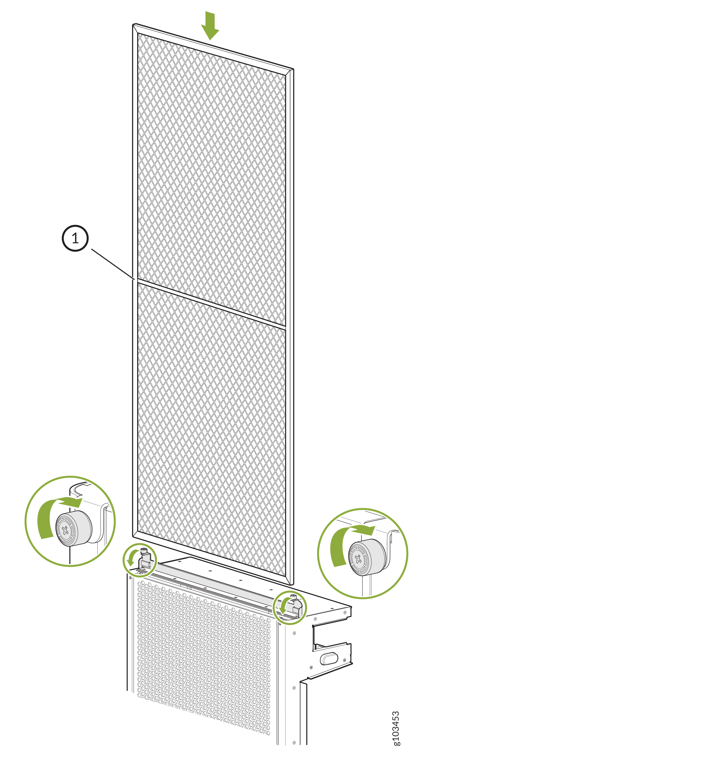 Alt text: Diagram showing how to attach a mesh panel labeled 1 to a frame using fasteners or clips, with green arrows indicating attachment direction.