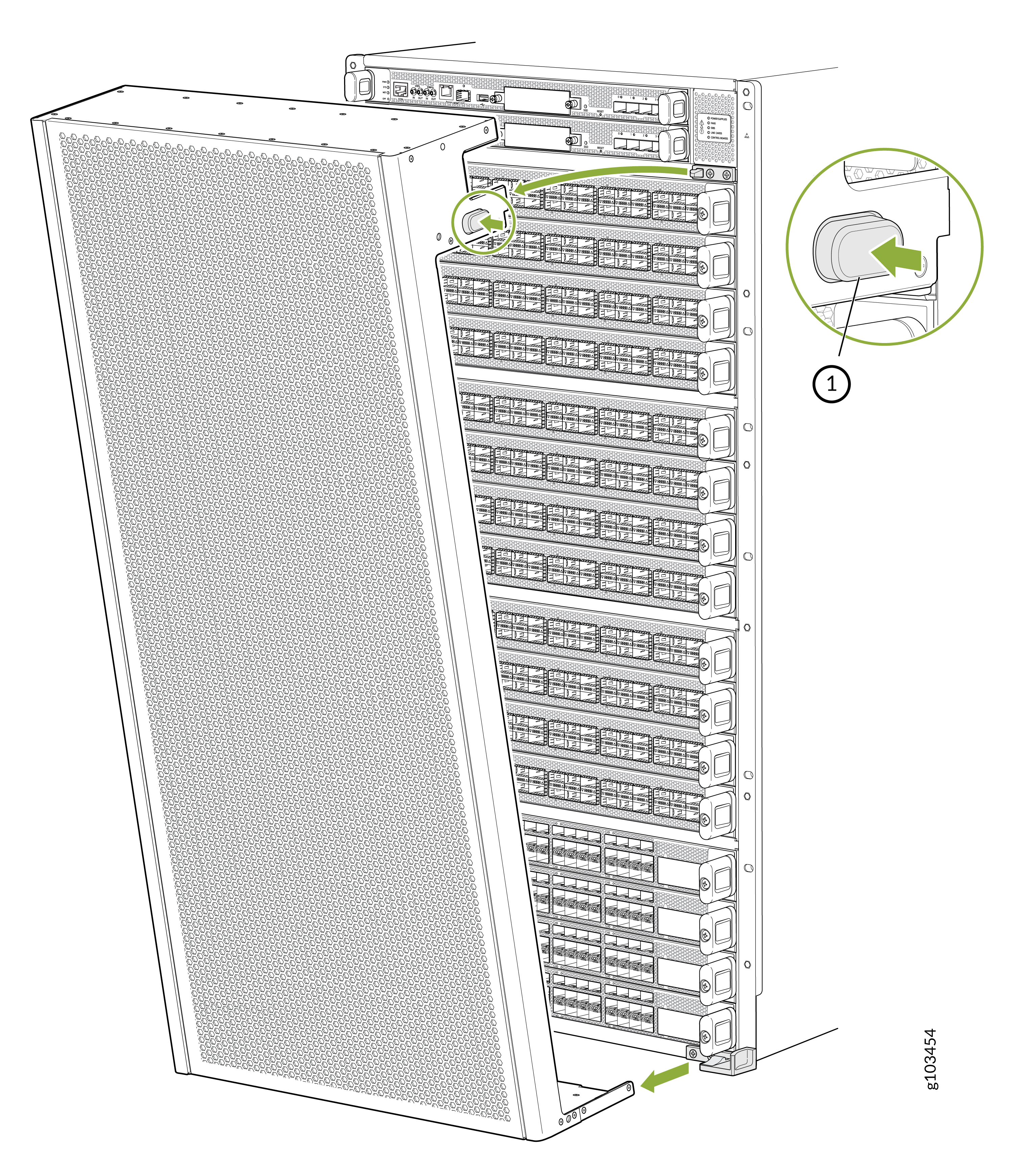 Technical illustration of a server rack front panel with rows of modular components and a close-up inset highlighting a locking mechanism with arrows showing interaction instructions.