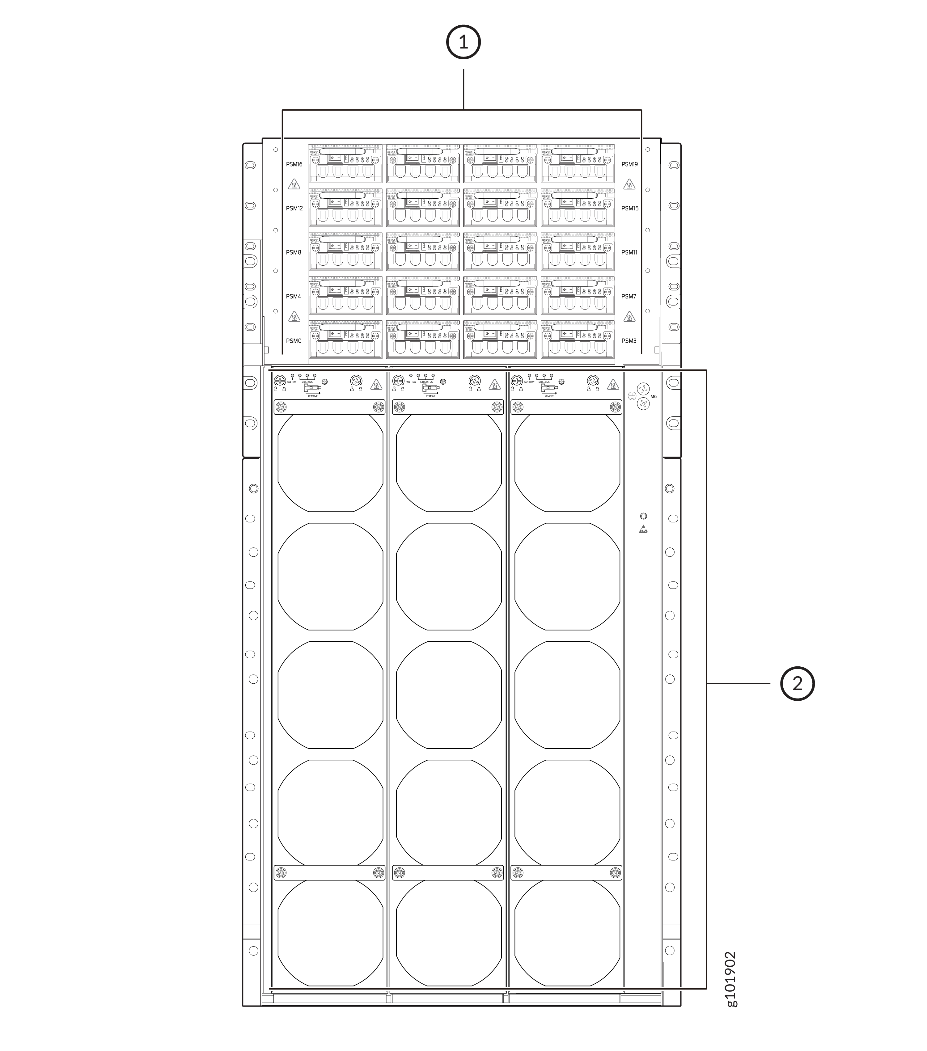Technical diagram of a rack-mounted system with labeled power supply modules in the top section and a grid of circular components for cooling in the bottom section.