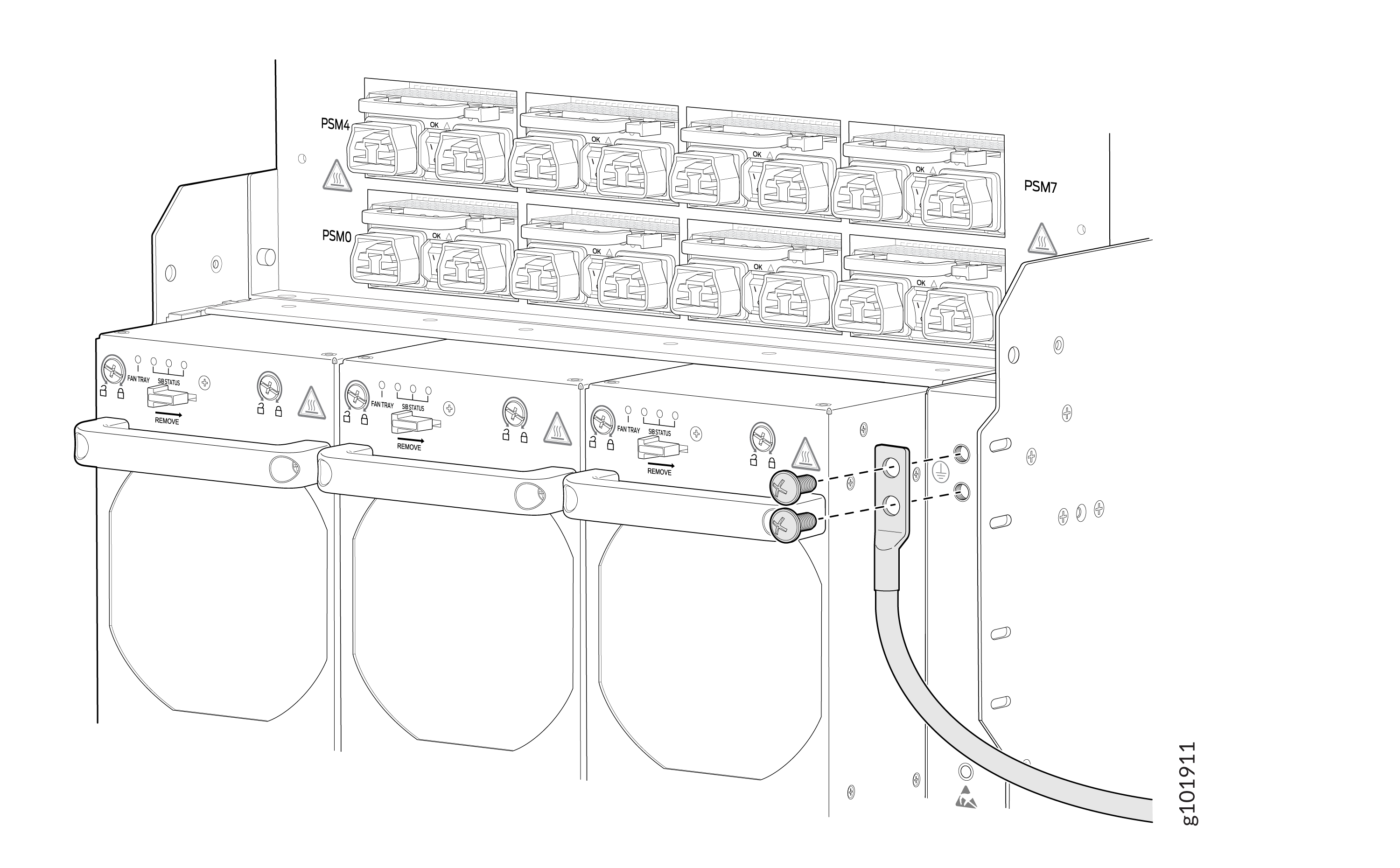 Power supply system illustration with modules labeled PSM0, PSM4, PSM7 in a rack, showing indicators, handles, connectors, and cable connection on the right.