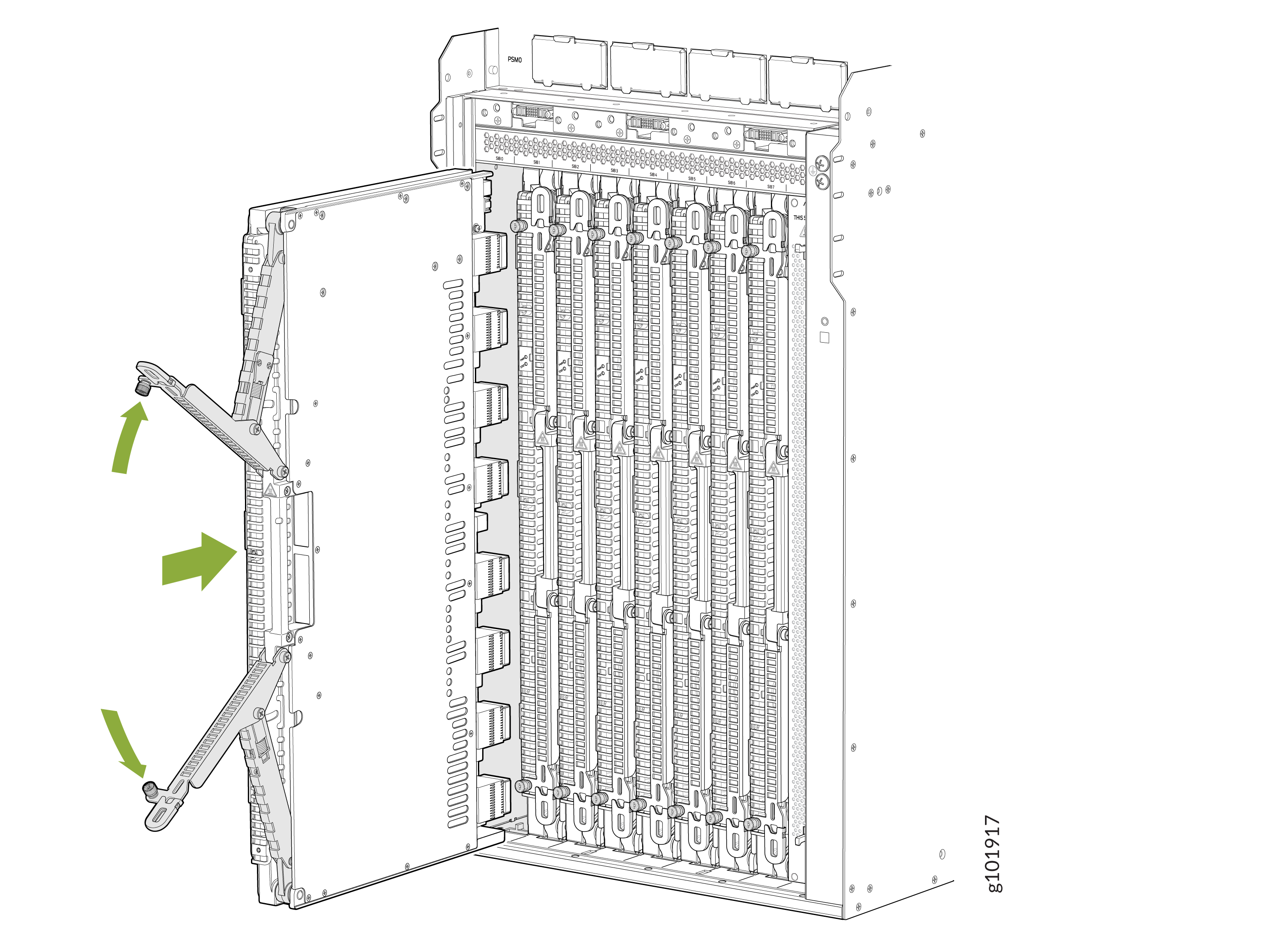 Technical illustration of a server chassis with front panel open, showing vertically aligned slots for modular components and green arrows indicating panel movement.