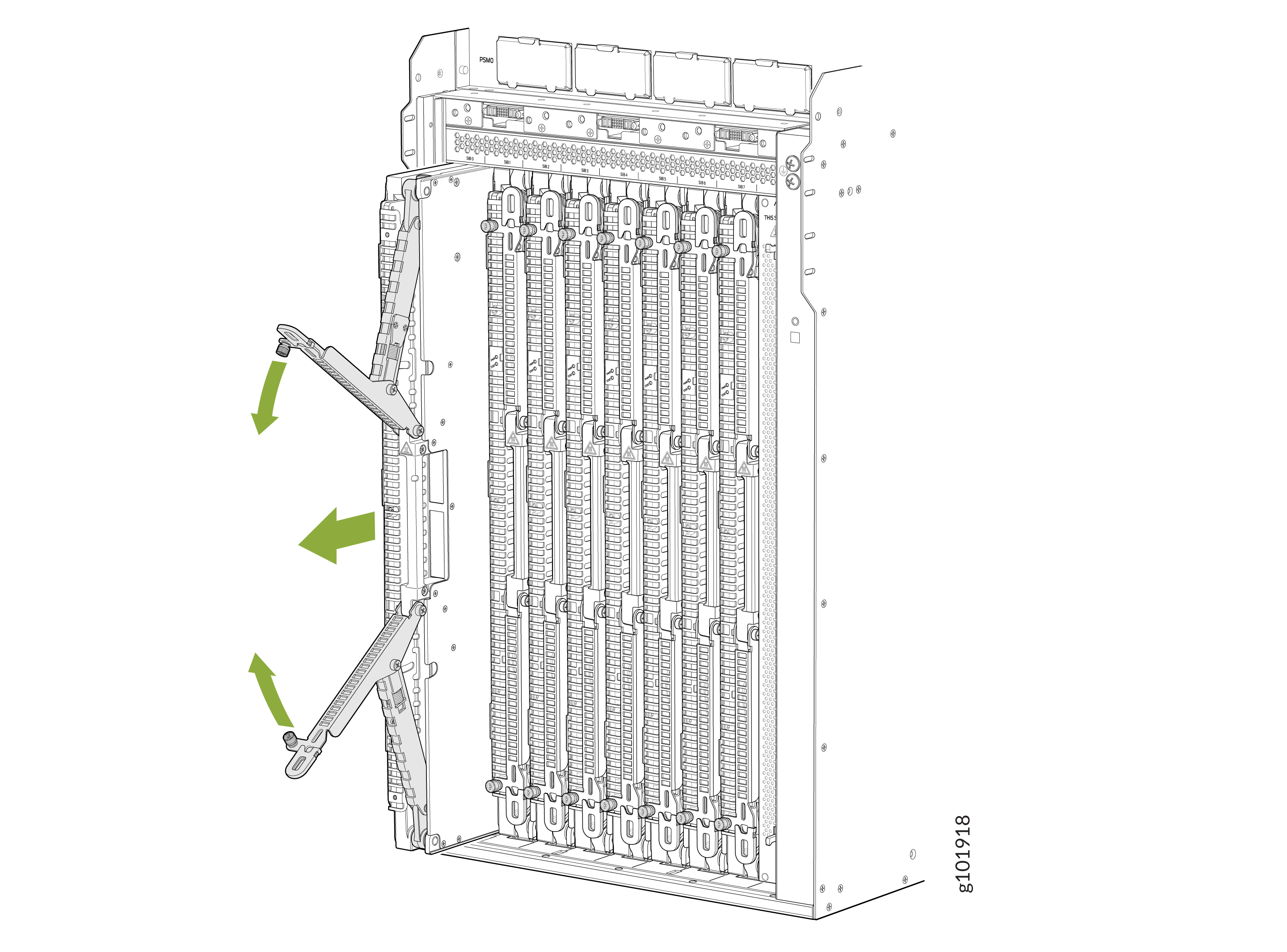 Technical diagram of a server chassis showing vertical slots for server blades and two arms with green arrows indicating adjustment.