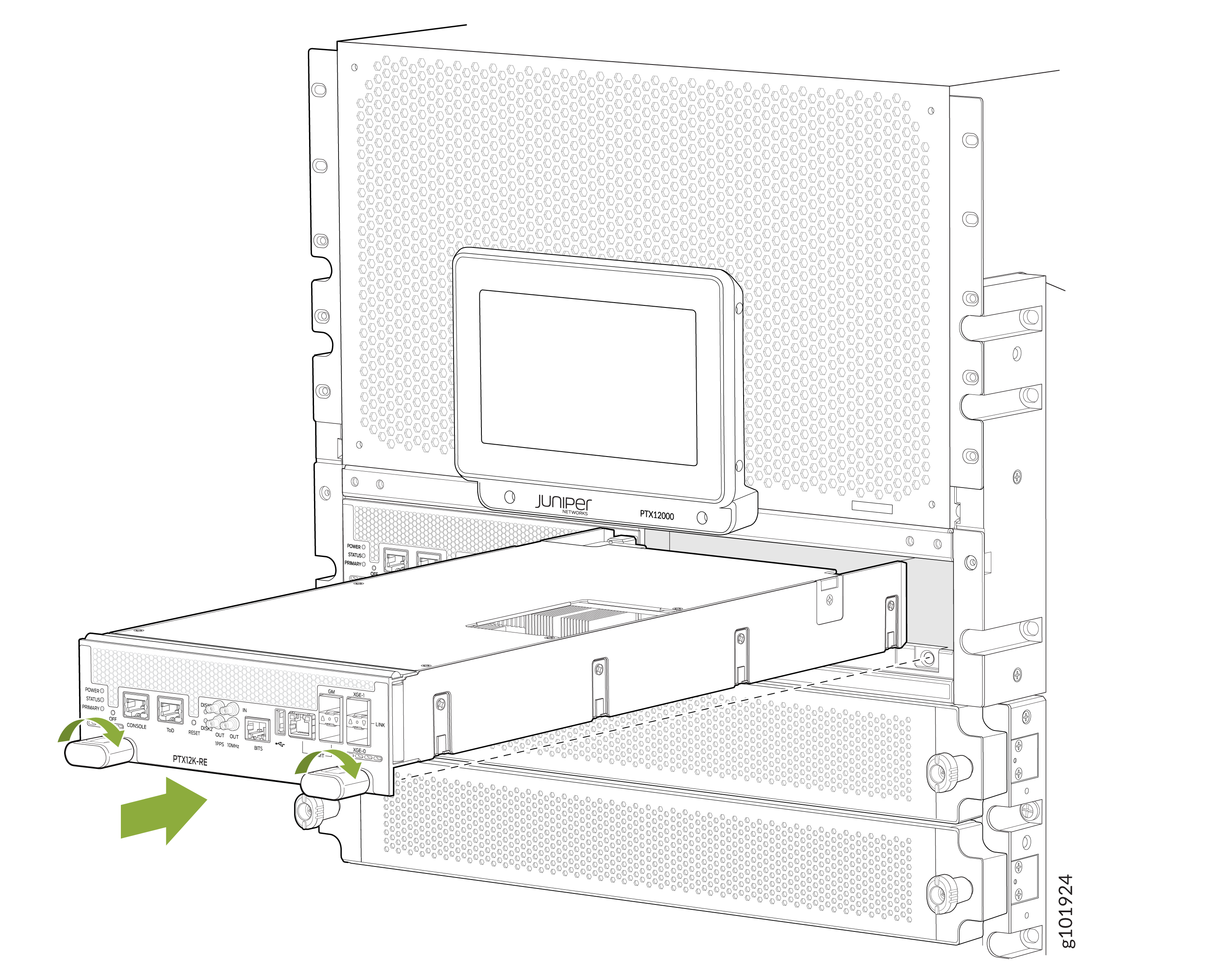 Removing or inserting a Routing Engine module into a Juniper Networks PTX1000 or PTX12000 series router chassis with green arrows indicating movement direction and locking mechanism rotation.