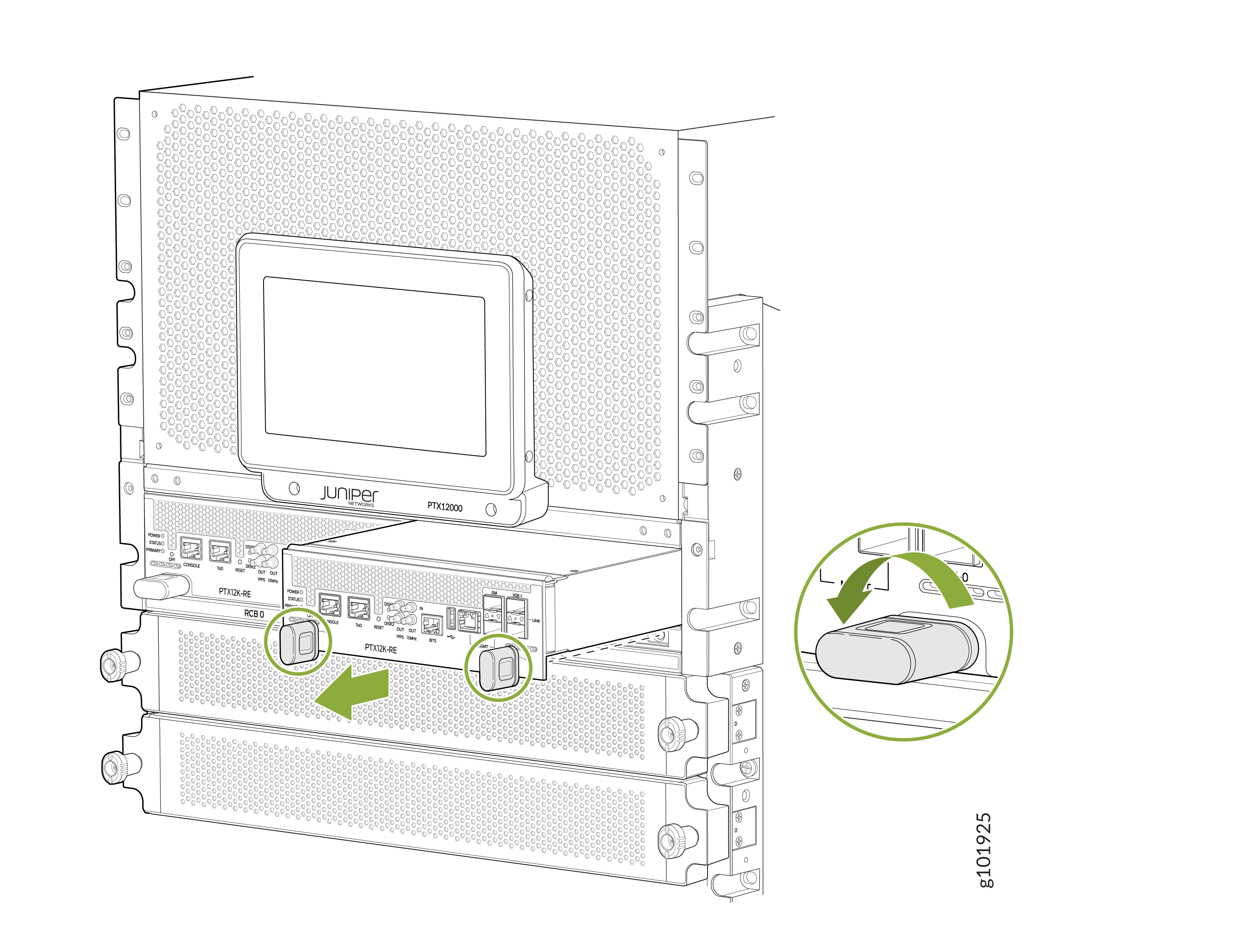 Front panel of Juniper PTX1000 router with highlighted ports and components, showing operation or removal details and rack-mounted setup.