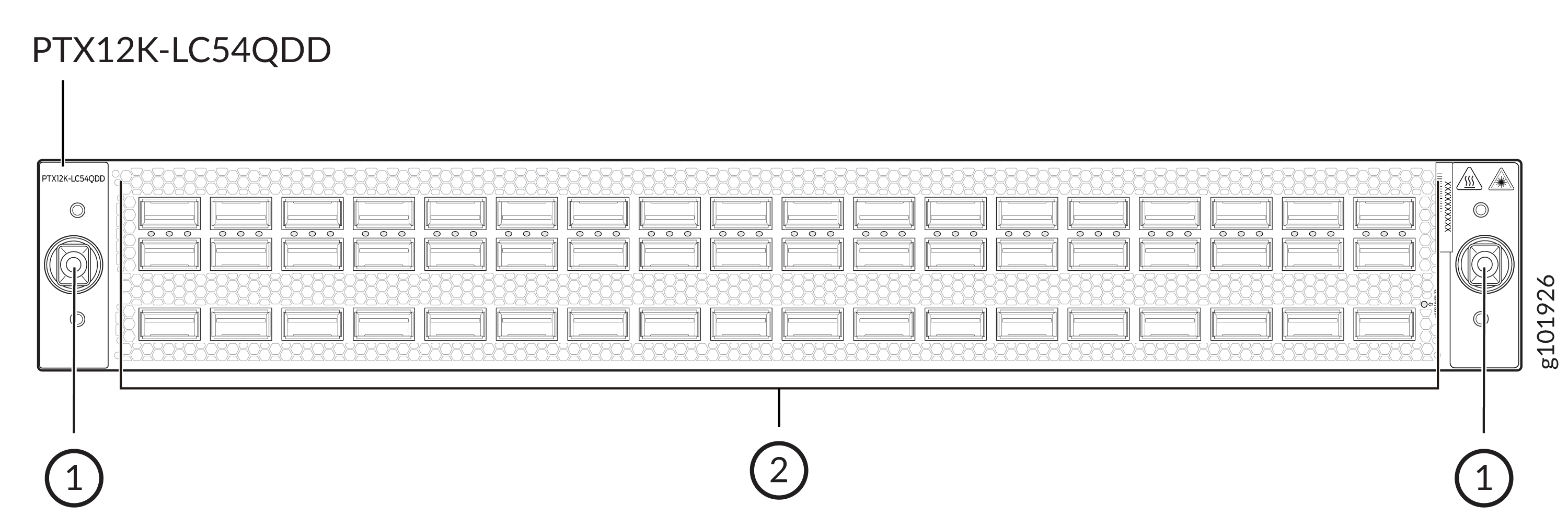 Line card module PTX12K-LC54QDD with multiple high-speed data ports for networking equipment.