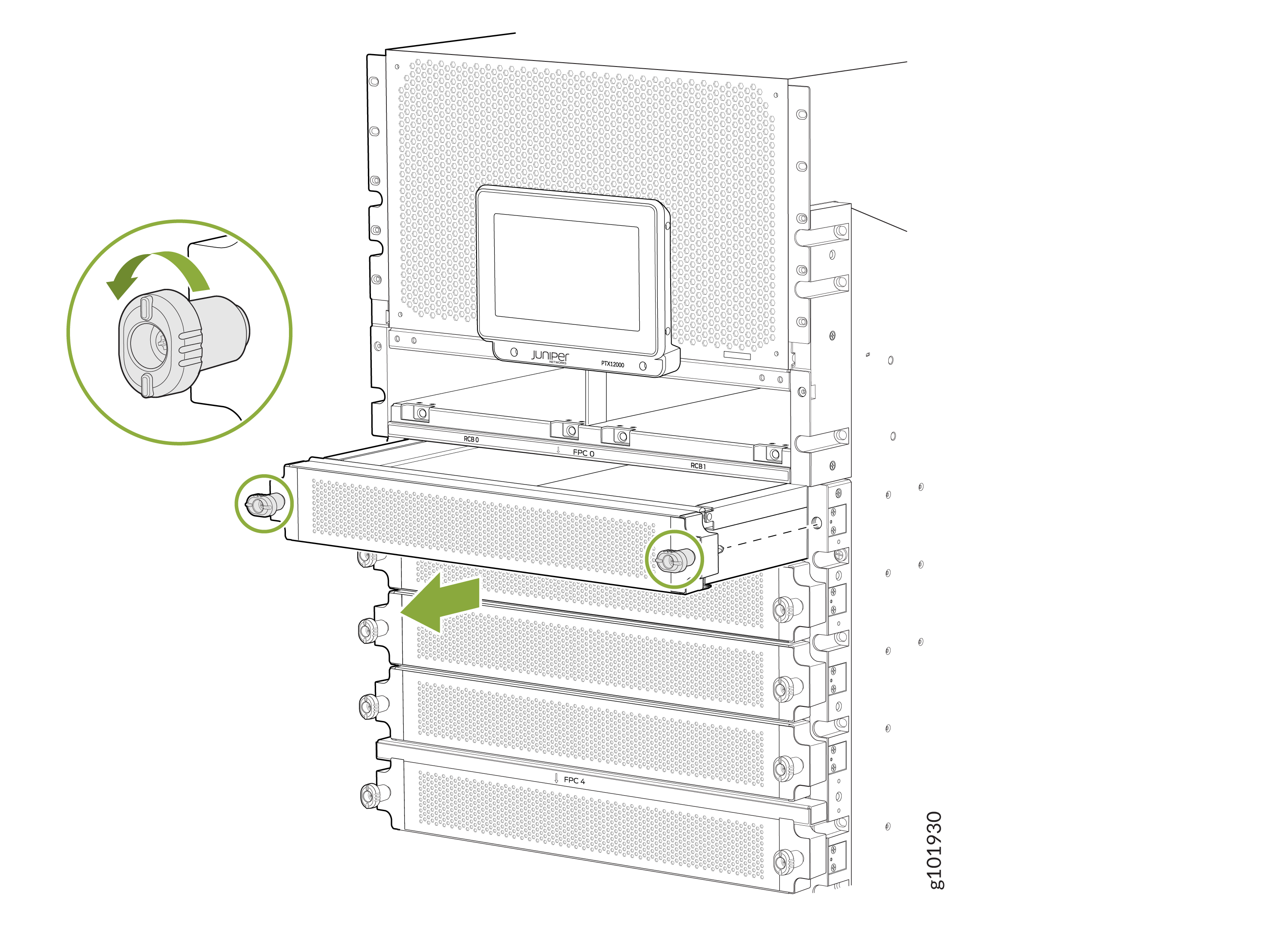 Technical illustration of a network equipment rack showing installation or removal of a component with a green arrow, close-up of the locking mechanism with rotation arrows, and a display panel labeled Juniper.