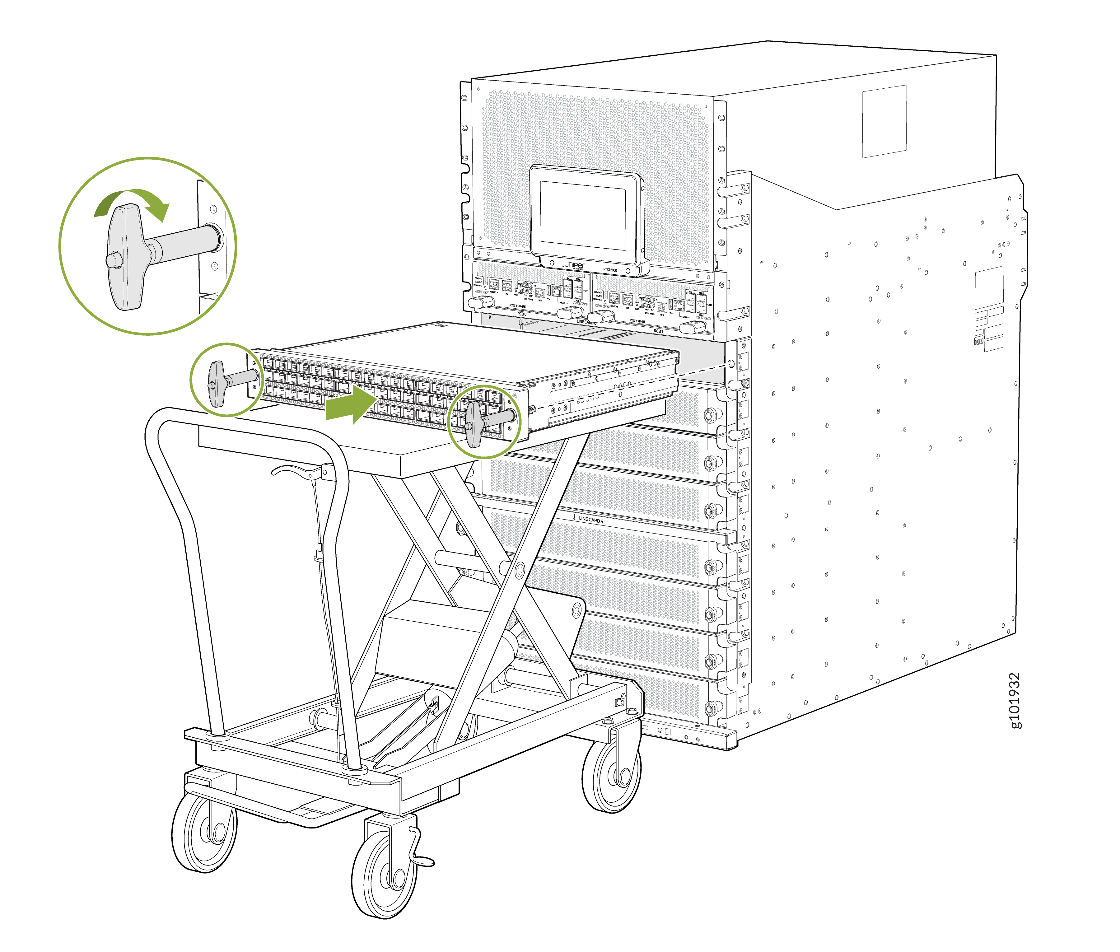 Server equipment being installed or removed from a rack using a lift cart, showing a modular unit and handle mechanism for securing or releasing.