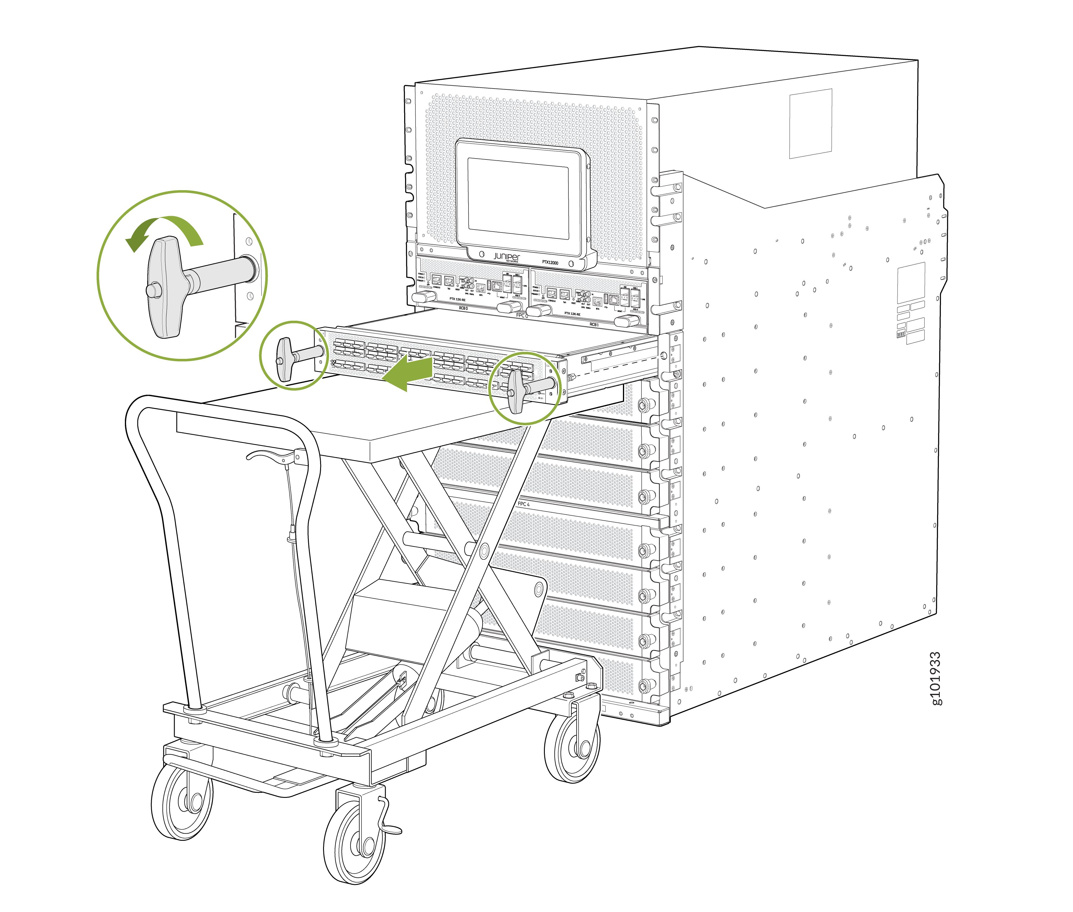 Server being installed or removed from a rack using a sliding rail system and a lift cart, with green arrows highlighting actions.