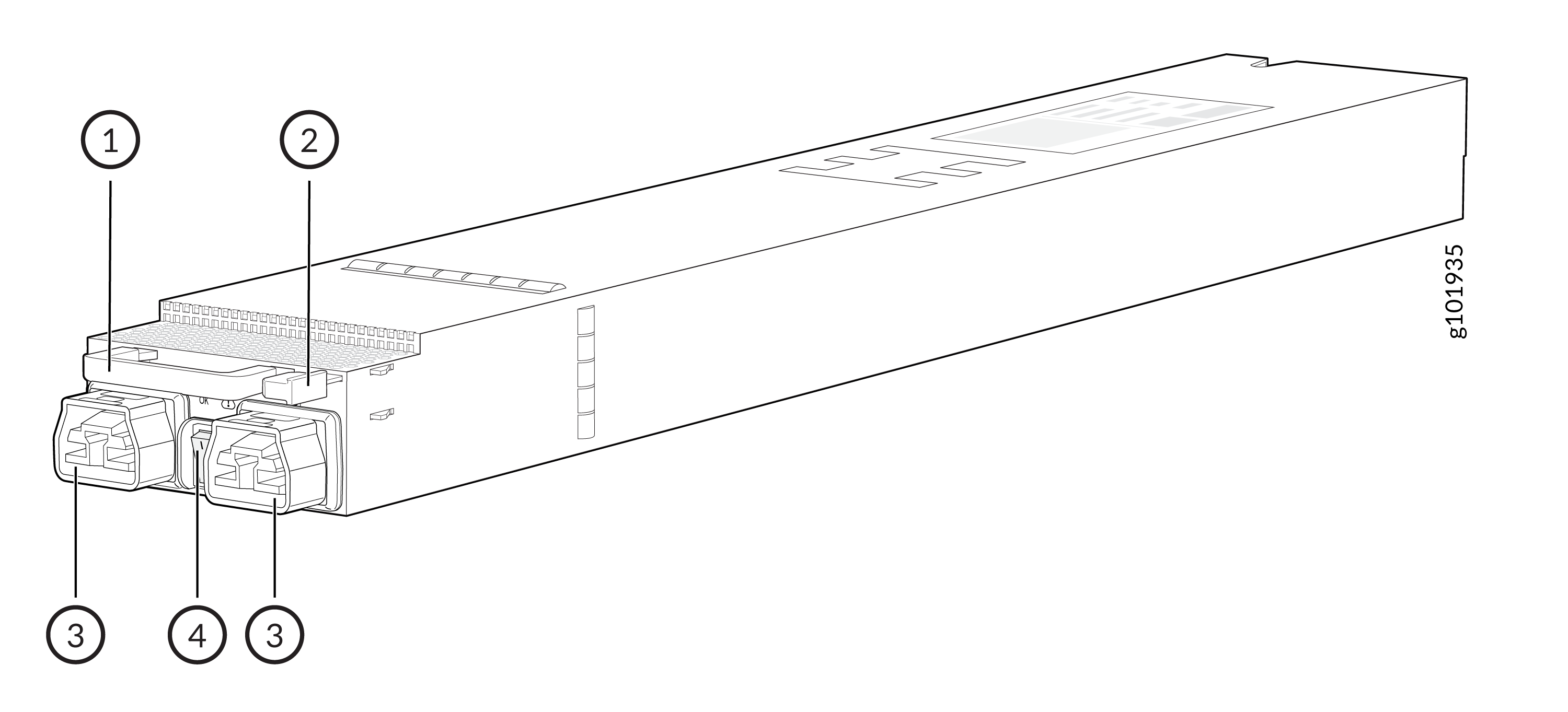 Fiber optic transceiver module with labeled components including latch, heat sink, optical ports, and divider for connecting to networking devices.