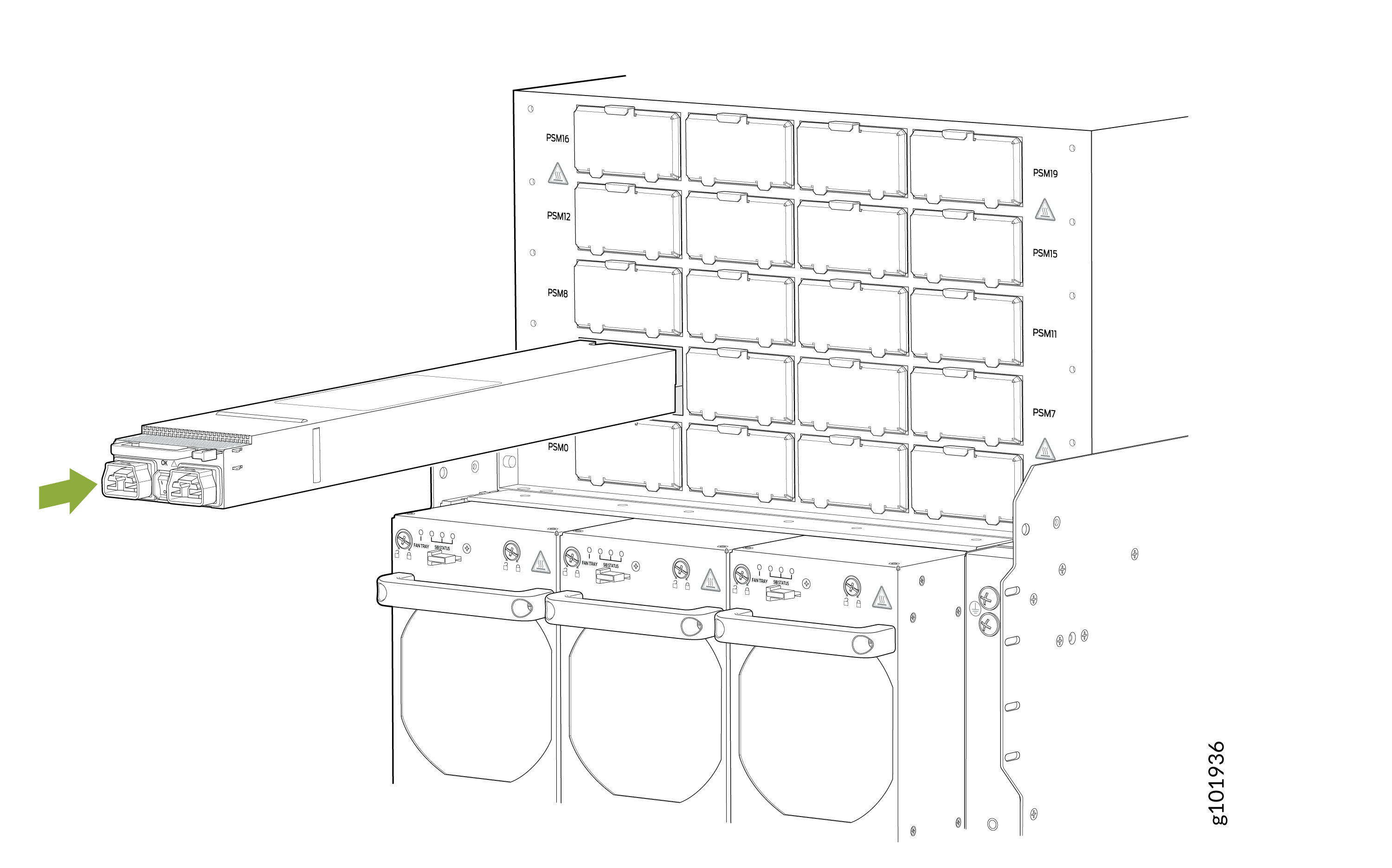 Technical illustration of a modular server chassis with labeled slots, including one module being inserted or removed indicated by a green arrow.