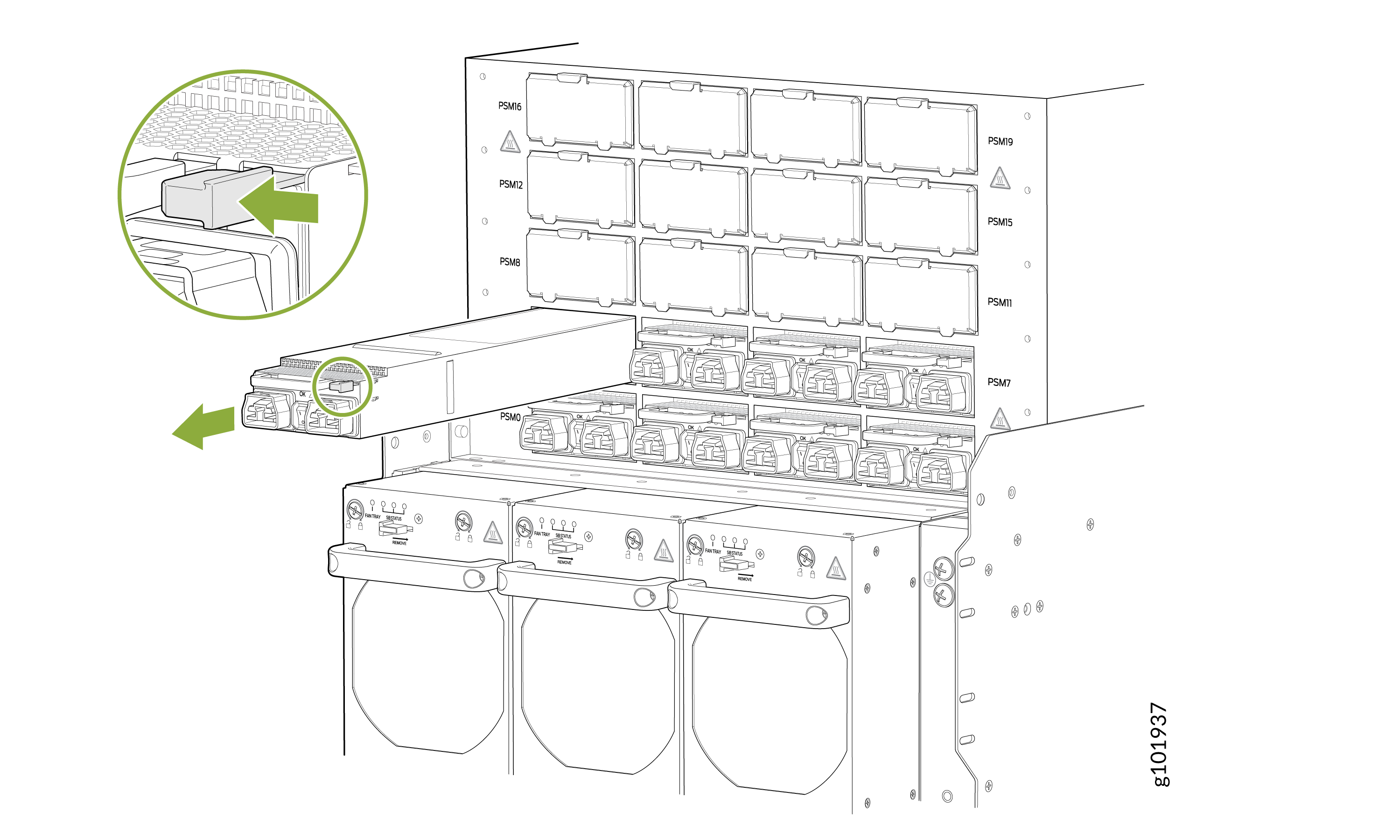 Rack-mounted modular system with labeled slots for removable modules, showing a module being inserted or removed with arrows and a highlighted connection mechanism.