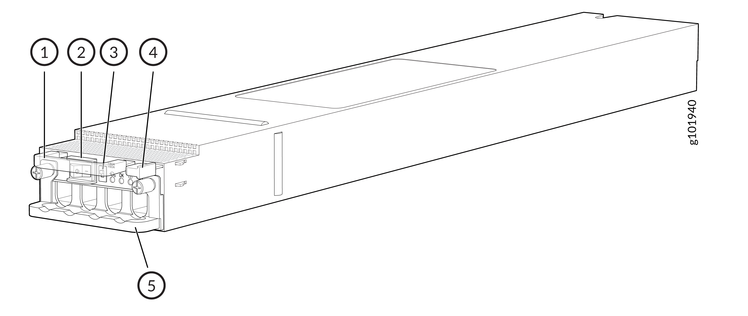 Technical diagram of a modular power supply with numbered labels identifying specific components like connectors and ports.