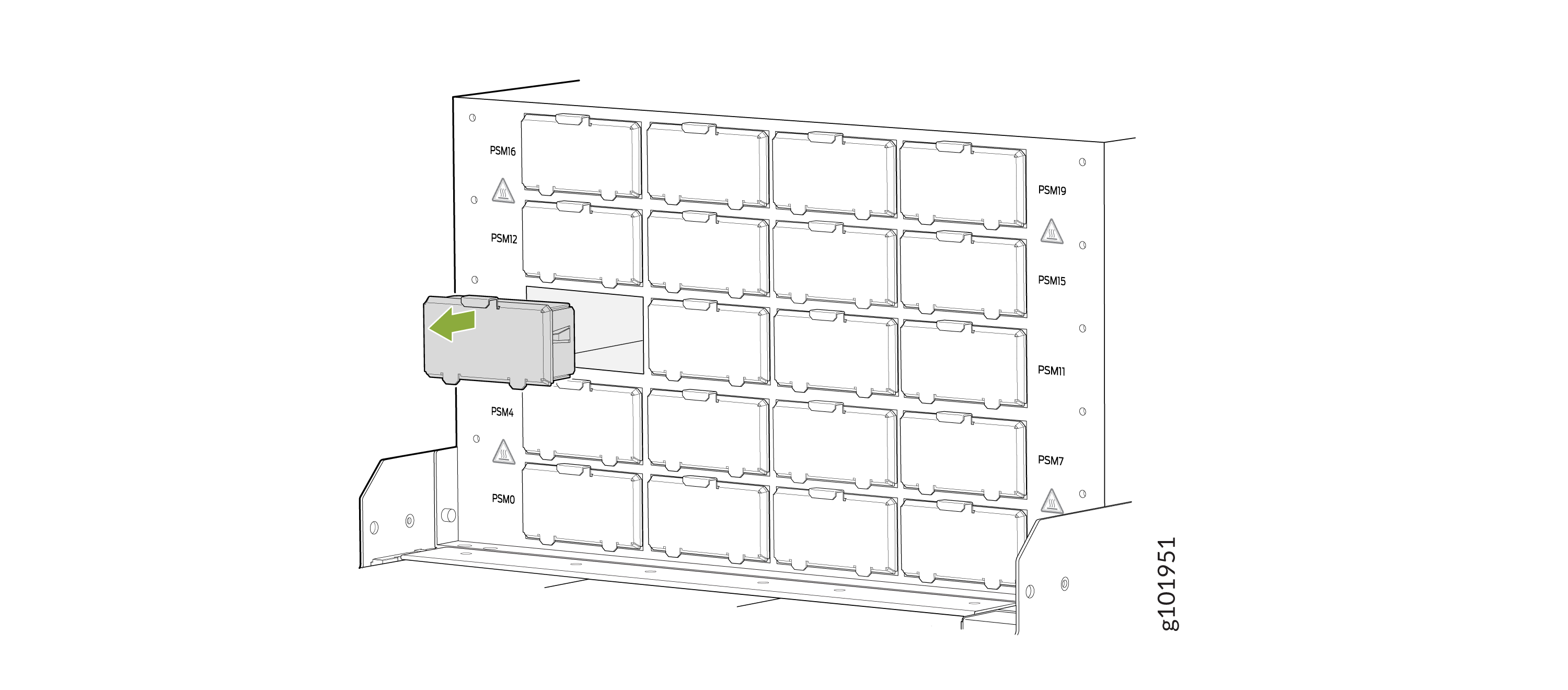 Modular rack system with labeled slots for power supply modules, one module being inserted or removed with a green arrow indicating motion.