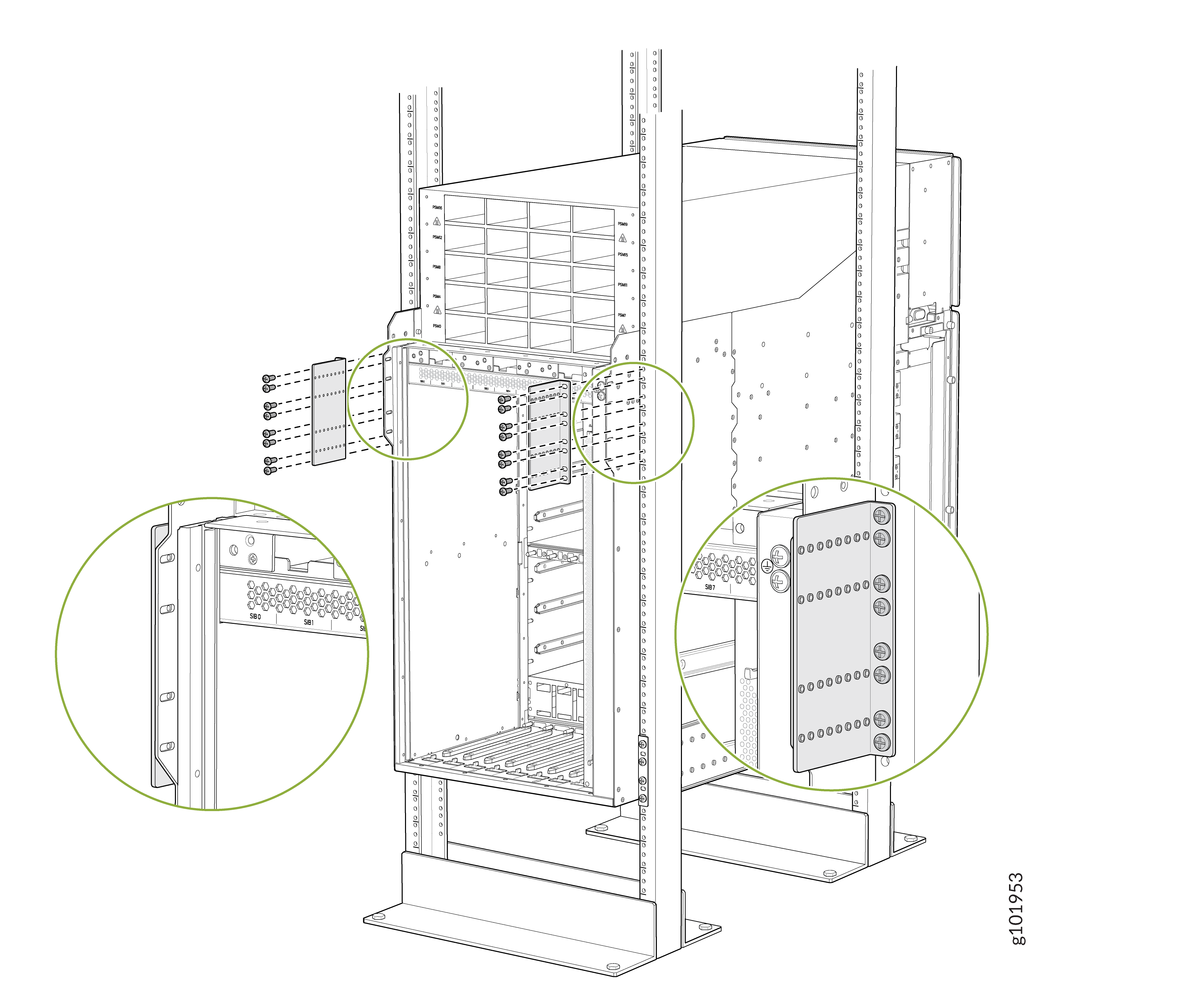 Technical illustration of a server rack with highlighted panels, brackets, and mounting rails detailing component installation points.