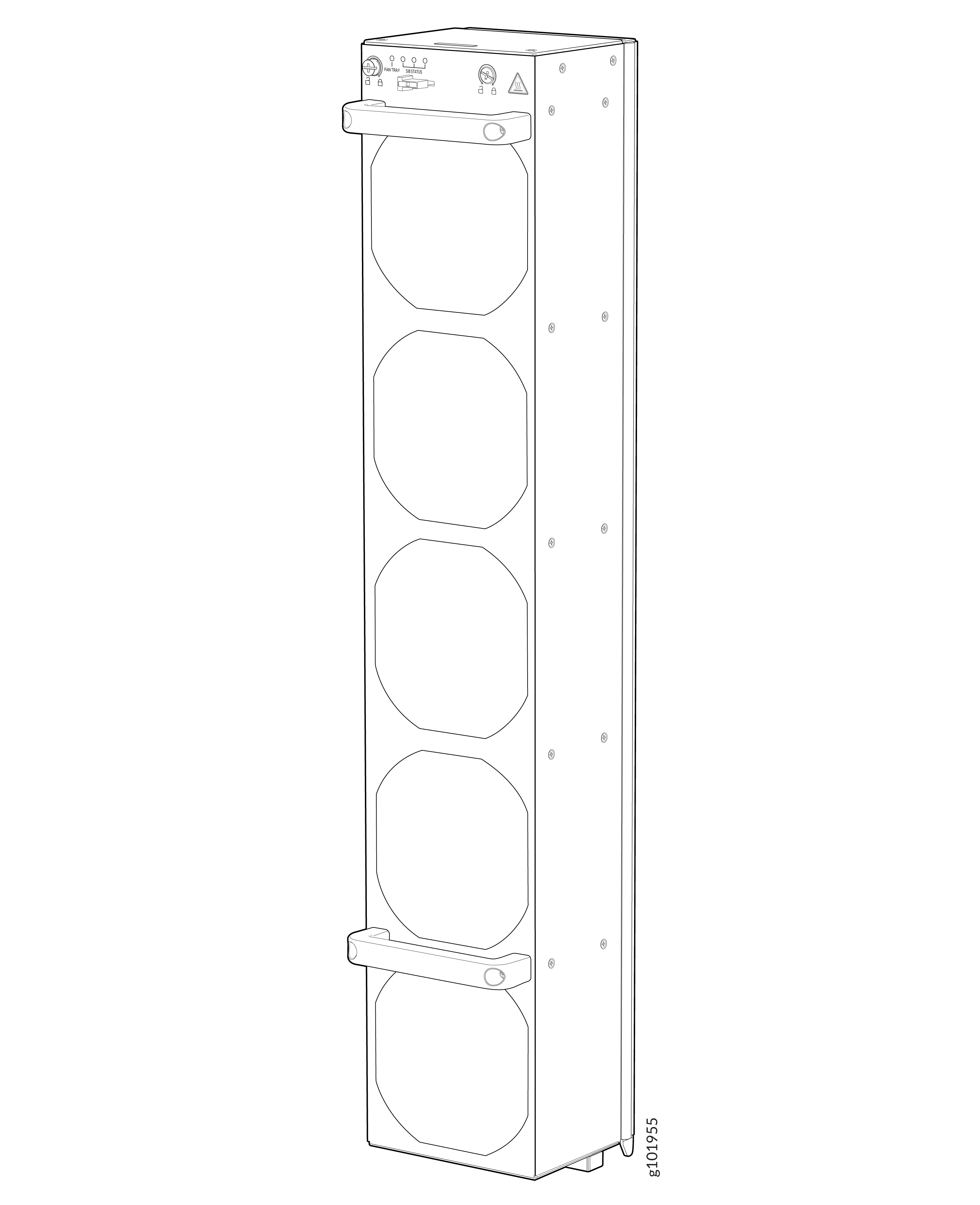 Line drawing of a vertical rectangular device with multiple compartments and control elements on the top panel, resembling industrial equipment or a power supply unit.