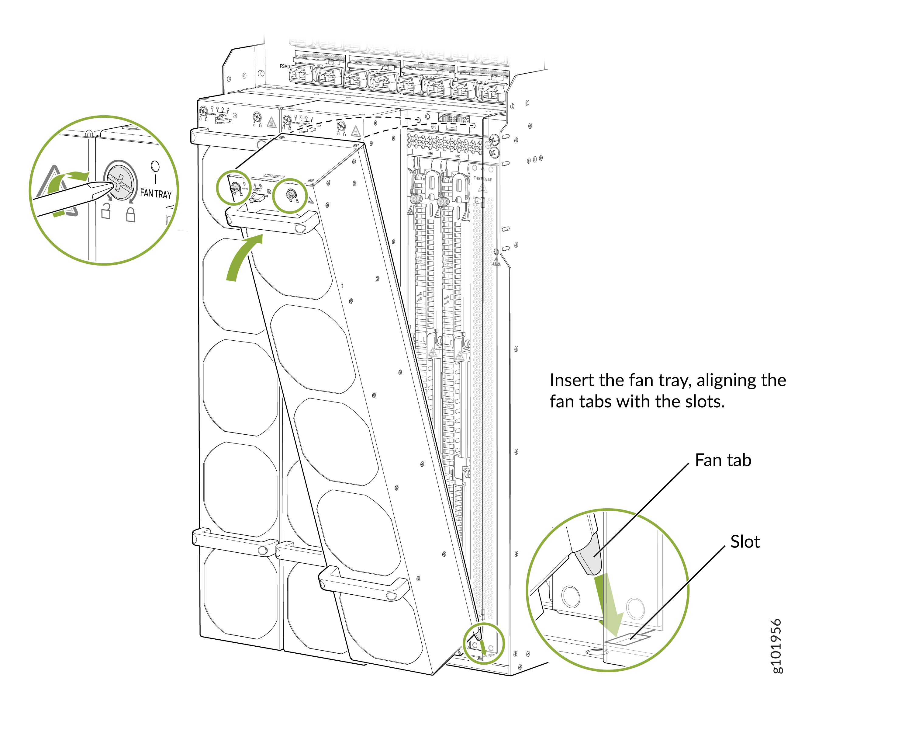Align fan tabs with slots, then insert the fan tray into the designated area; includes close-up views of fan tab and slot for clarity.