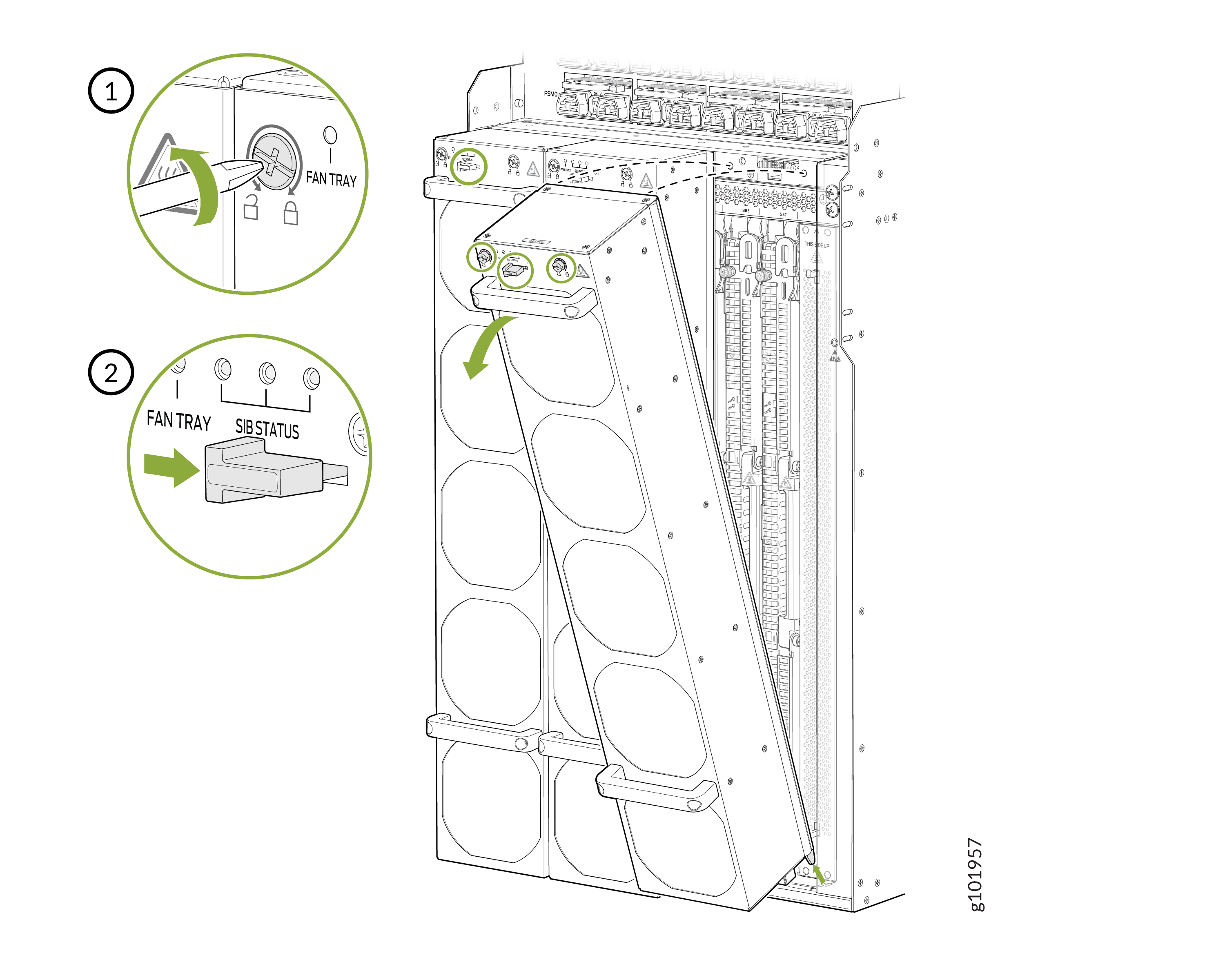 Removing or installing a fan tray from a hardware chassis, showing steps to unlock the tray with a tool and pull it out, with directional arrows.