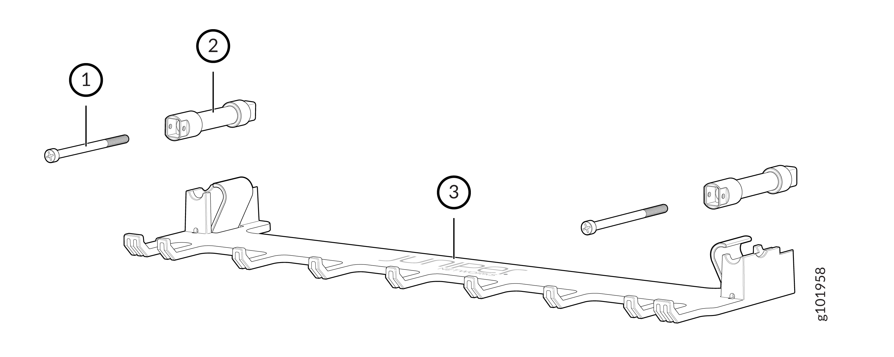 Exploded diagram of a hardware assembly for a rack-mounted device, showing labeled parts: screws as 1, spacers as 2, and a mounting bracket as 3, related to Juniper Networks equipment.