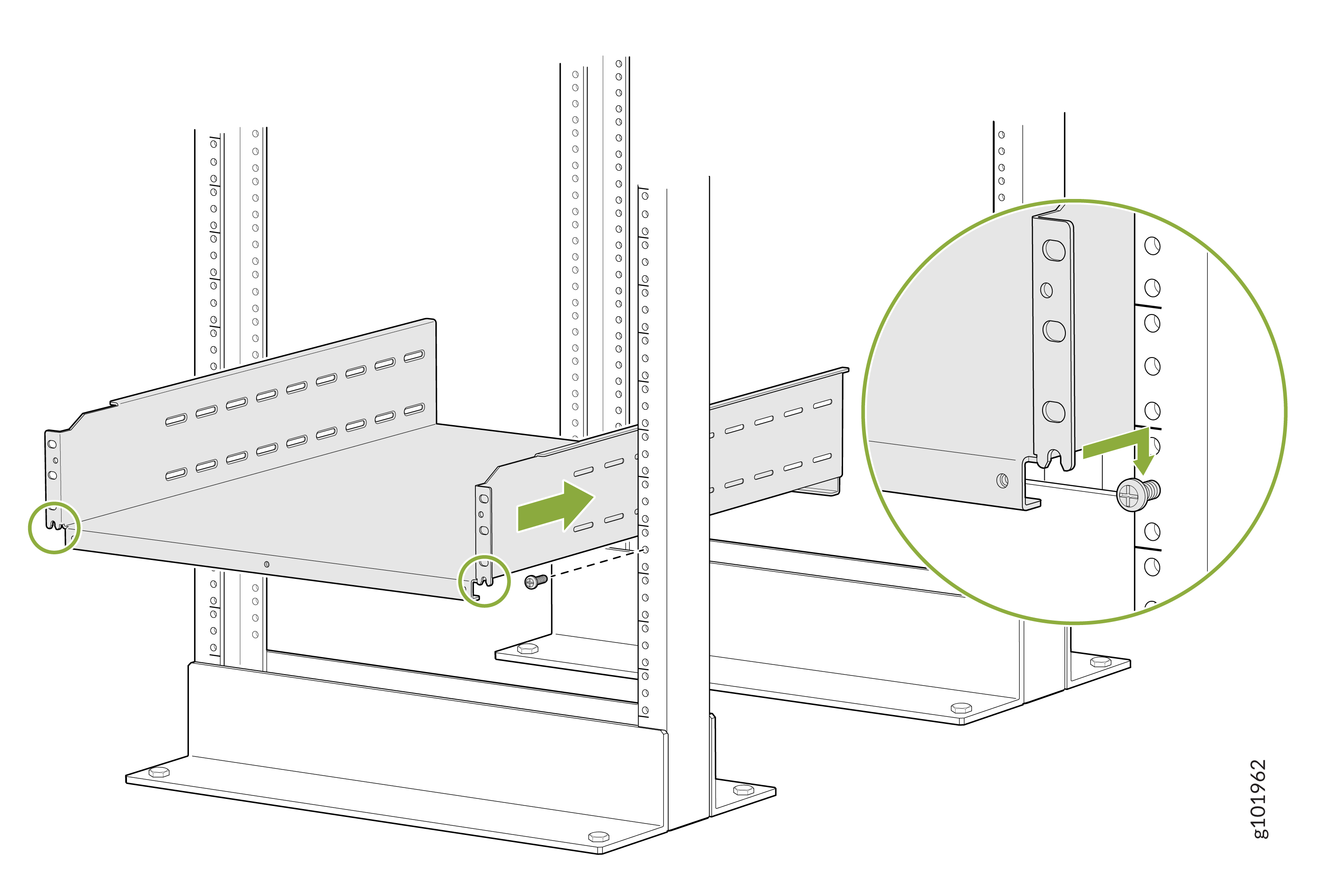 Illustration showing metal shelf installation onto rack with close-up of screws securing shelf. Arrows indicate attachment direction.