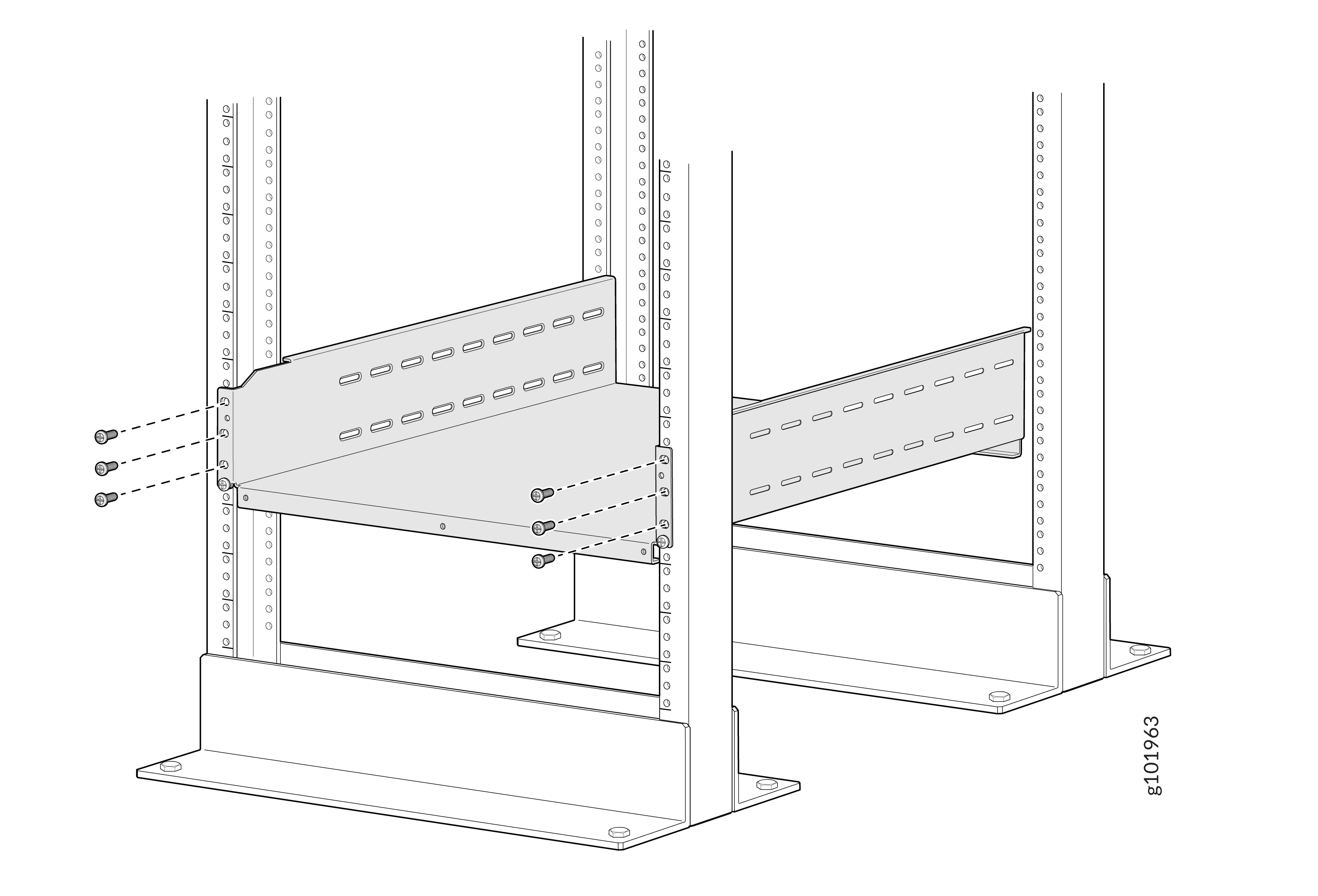 Assembly instructions for metal shelf with vertical supports and adjustable shelves. Dashed lines show screw placement.