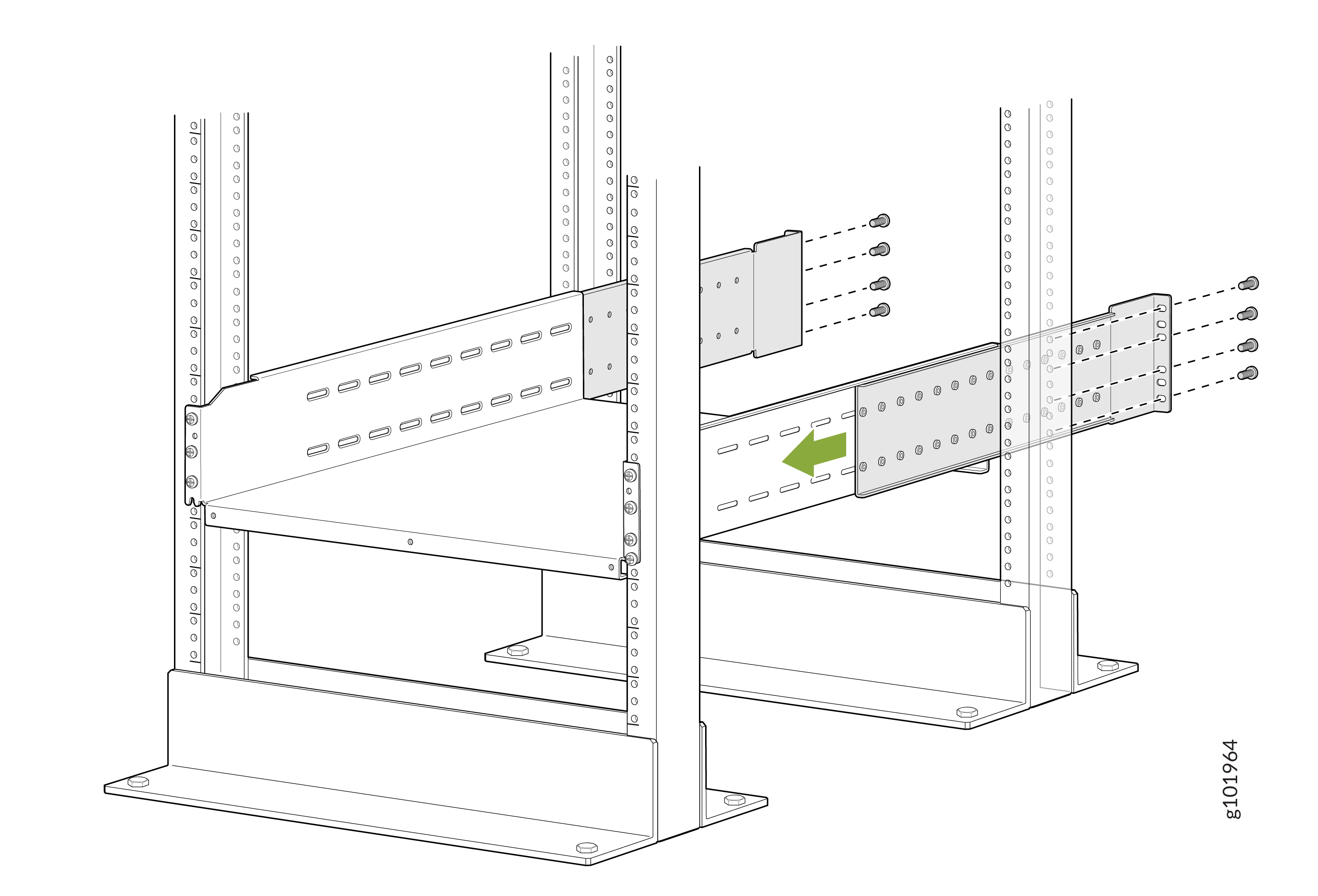 Assembly diagram of metal shelving with vertical supports and horizontal beams, showing bolt attachment and assembly direction.