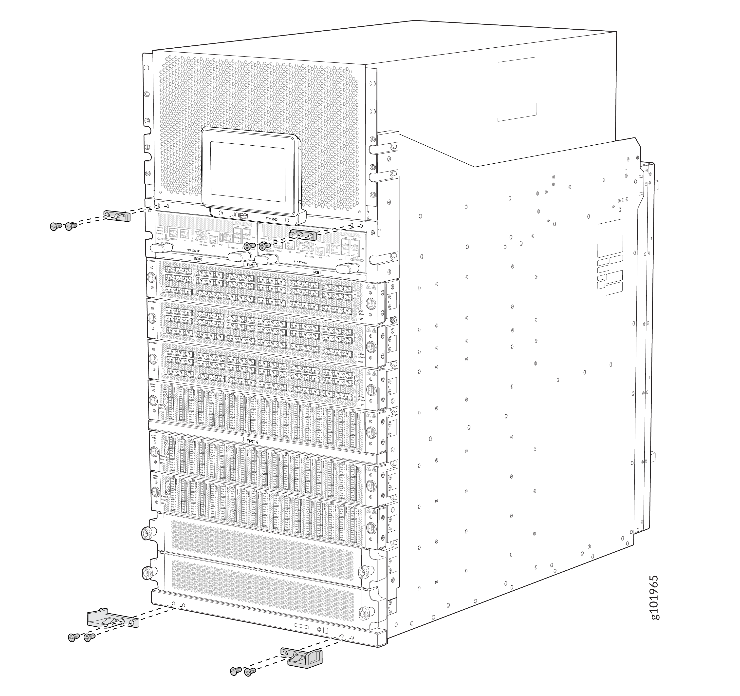 Technical illustration of a network equipment chassis with slots for line cards, power supplies, and cooling fans.