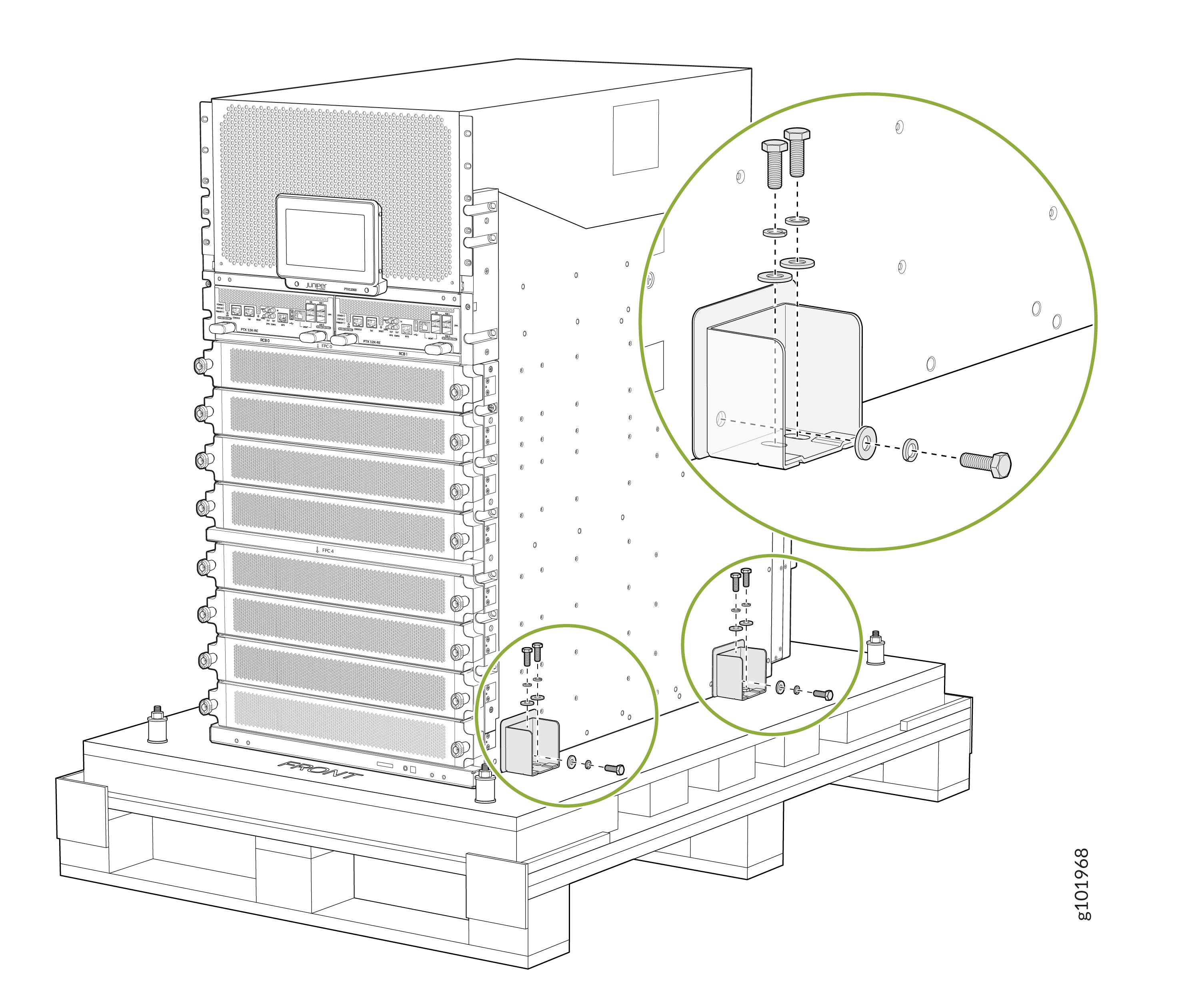 Technical illustration of a server rack secured to a pallet, showing mounting brackets, screws, washers, and assembly process for installation or transport.